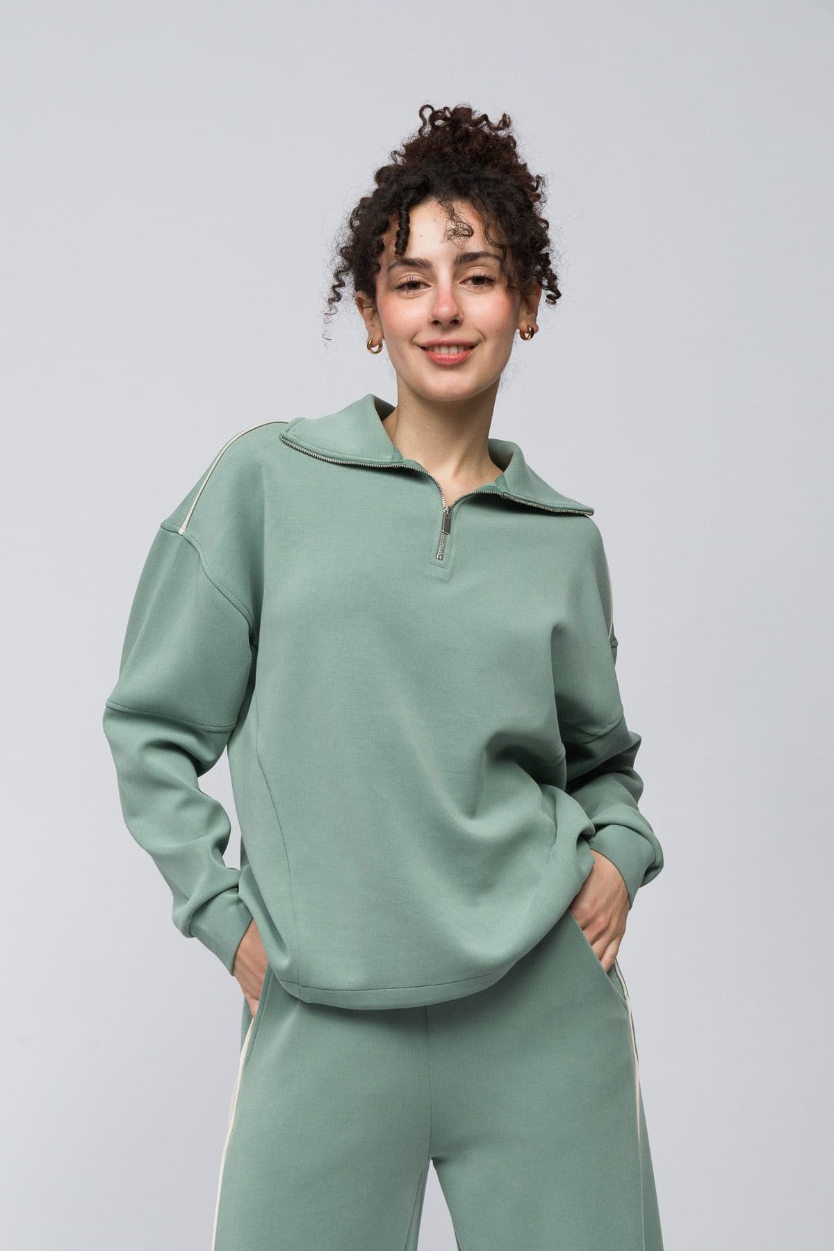 Zip Neck Modal Blend Sweatshirt Piping & High Low Hem Green
