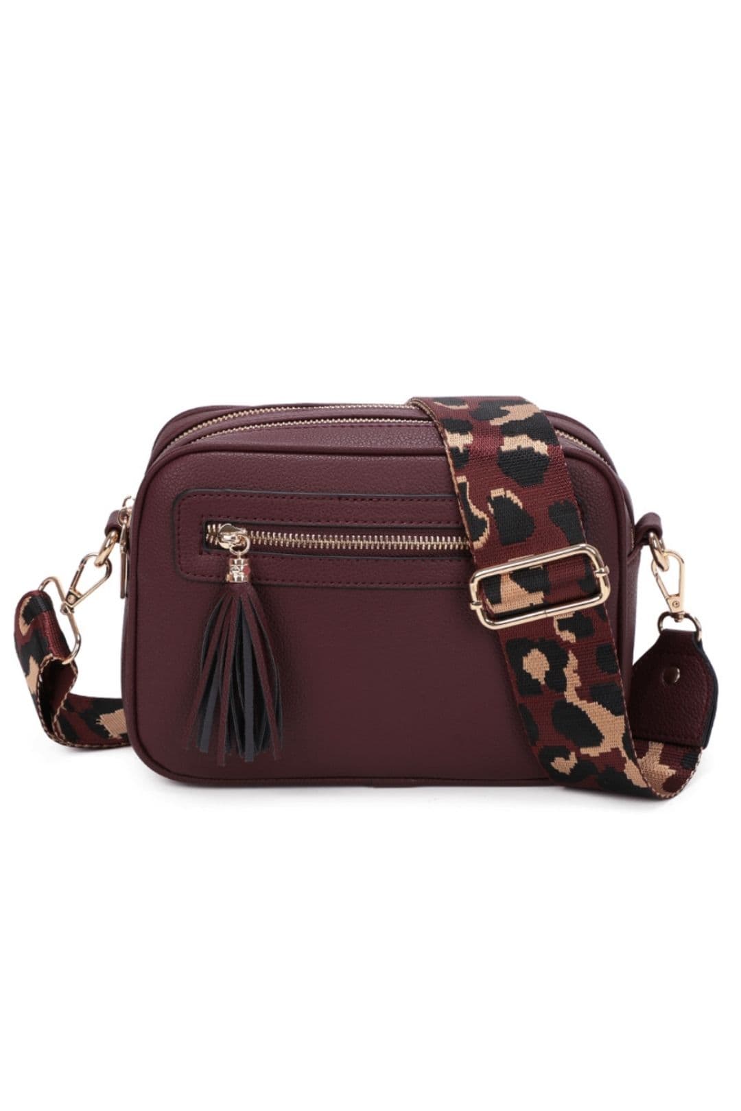 Fontanella Fashion Women's Tassel Zip Crossbody Bag with Canvas Strap in Burgundy