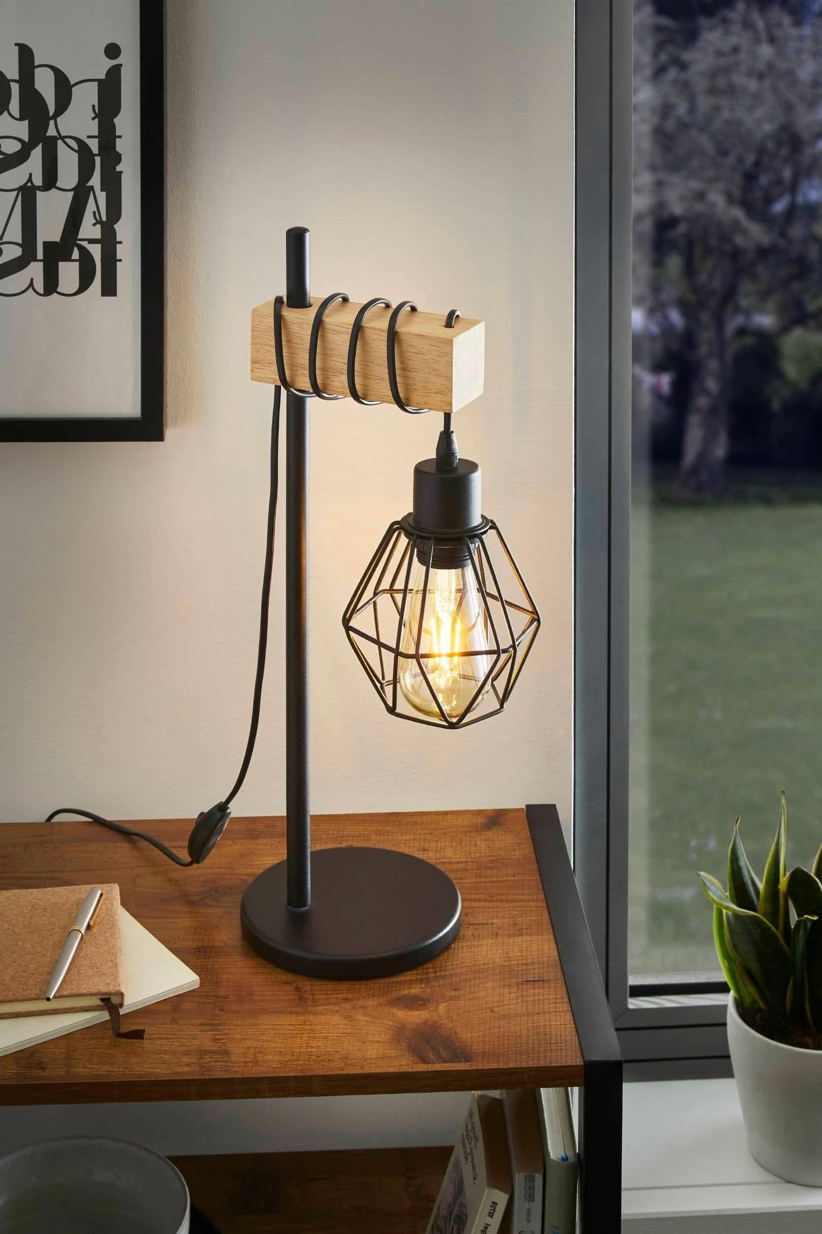 Townshend 5 Black Natural Metal & Wood Table Lamp Industrial Style 15.5cm