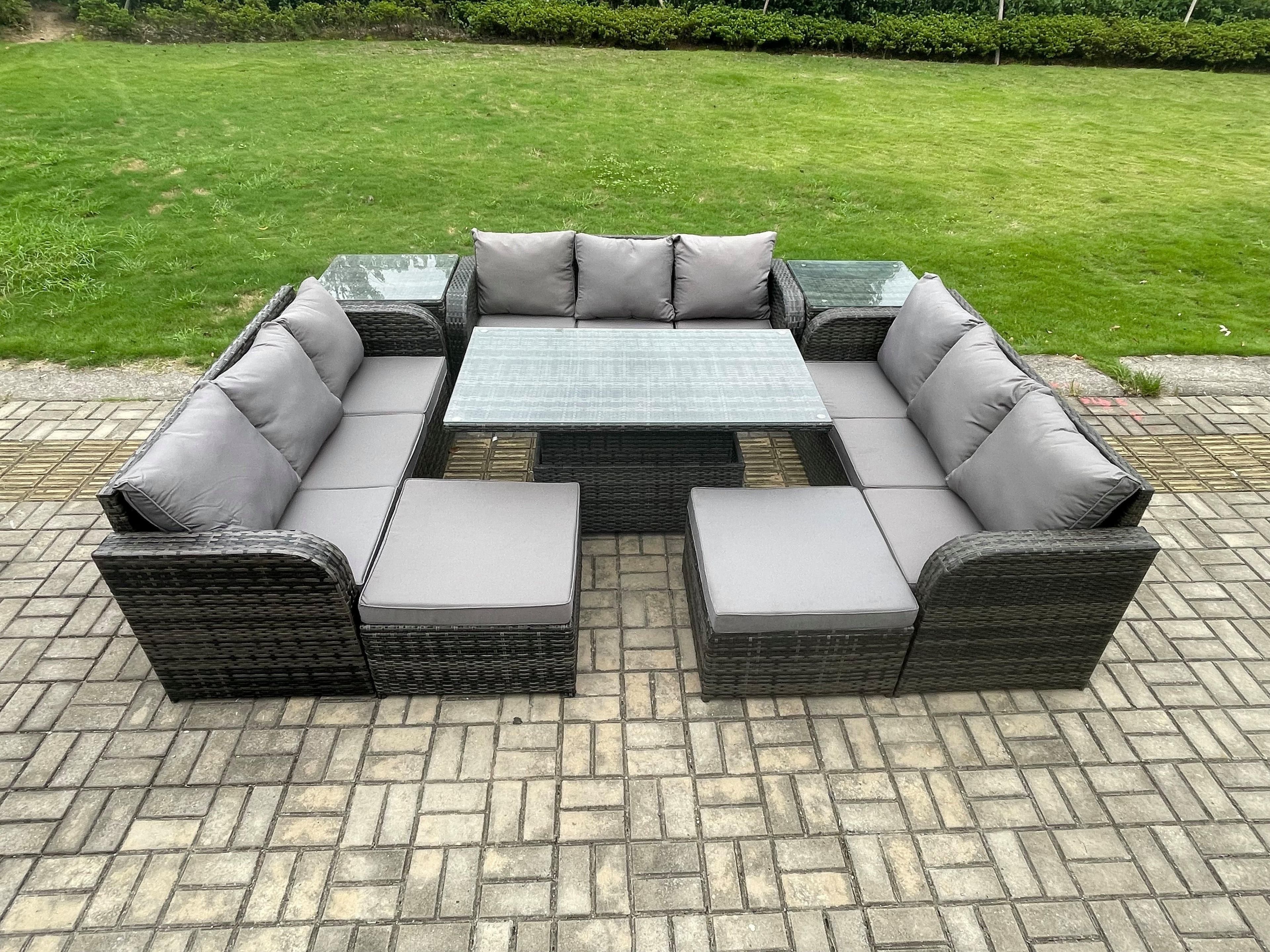 11 Seater Garden Dining Set Outdoor Rattan Furniture Lounge Sofa Height Adjustable Rising lifting Table
