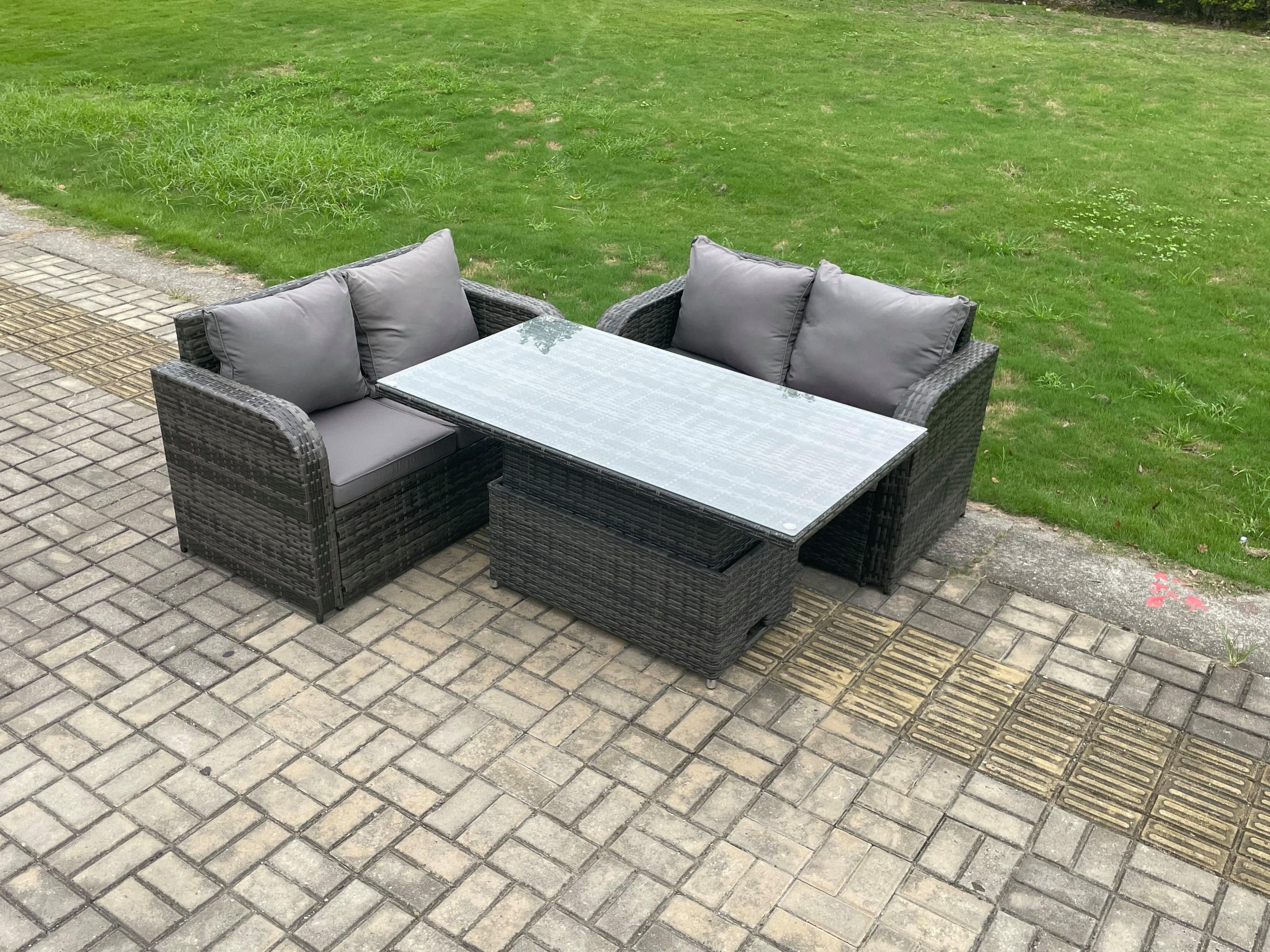 Outdoor Rattan Furniture Garden Dining Set Height Adjustable Rising lifting Table Love Sofa Dark Grey Mixed