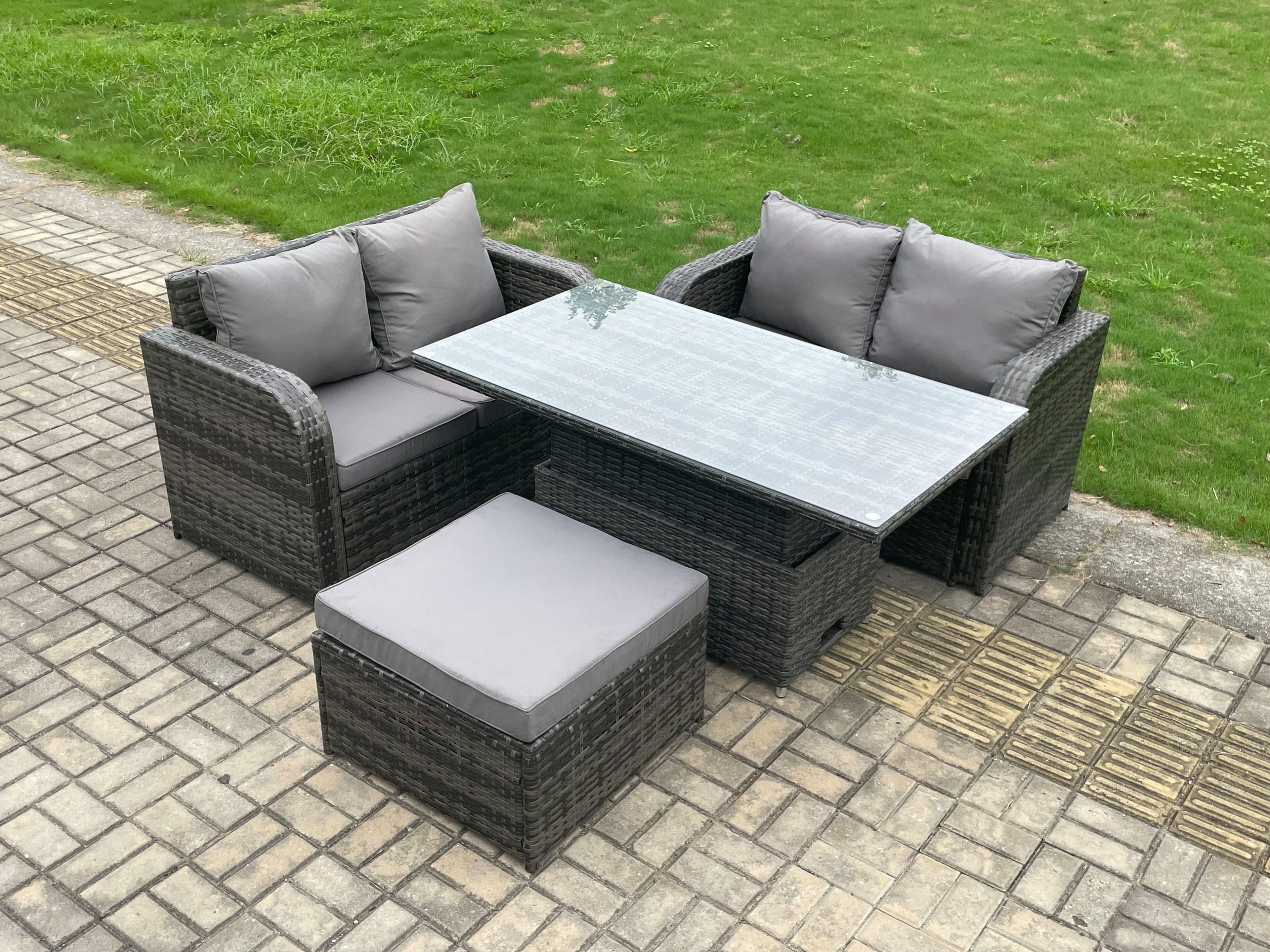 Outdoor Rattan Furniture Garden Dining Set Height Adjustable Rising lifting Table Love Sofa Set Big Footstool