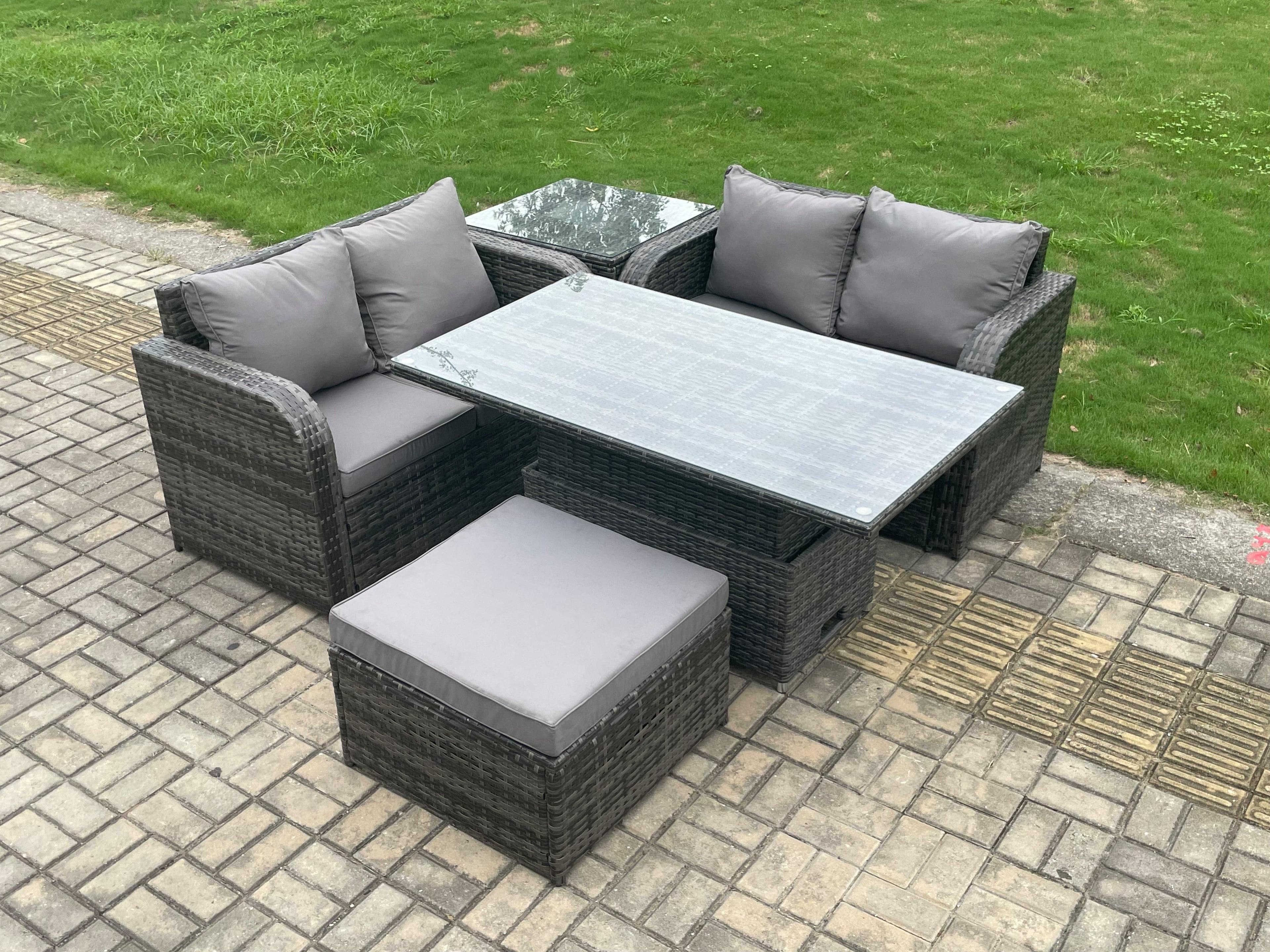 Outdoor Rattan Furniture Garden Dining Set Height Adjustable Rising lifting Table Love Sofa Set Side Table