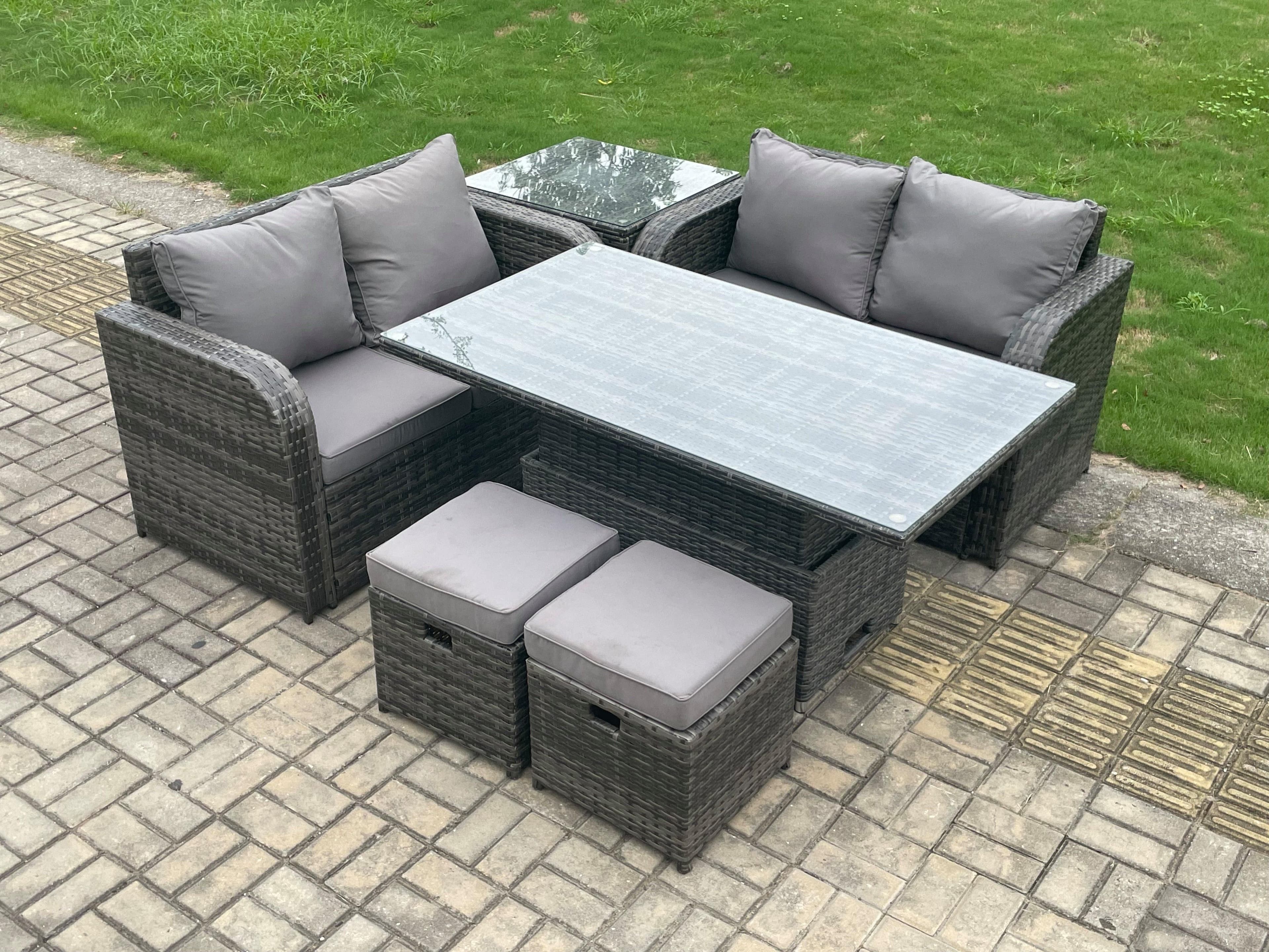 Outdoor Rattan Furniture Garden Dining Set Height Adjustable Rising lifting Table Love Sofa Set 2 Small Footstool