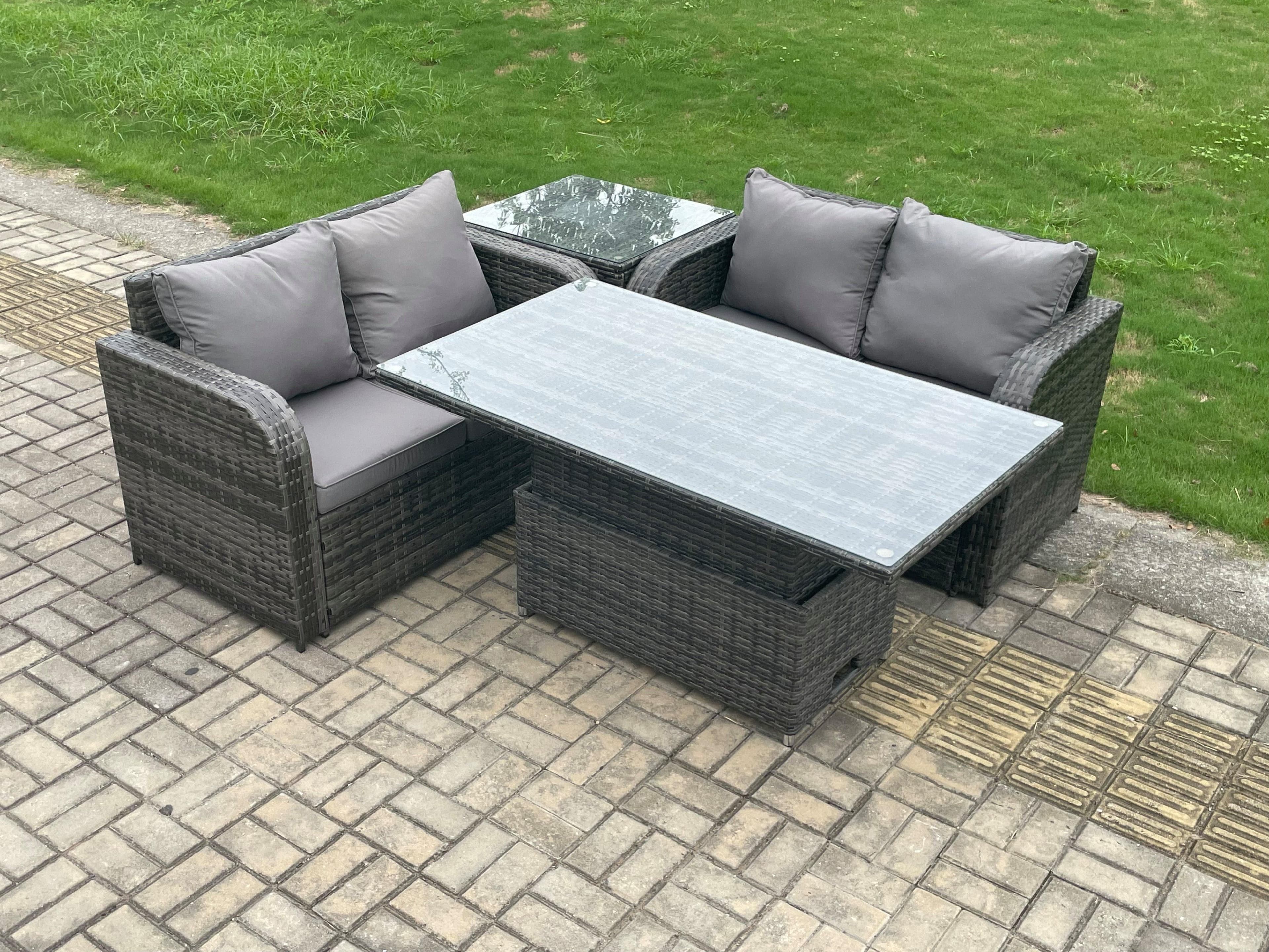 Outdoor Rattan Furniture Garden Dining Set Height Adjustable Rising lifting Table Love Sofa Set Dark Grey Mixed