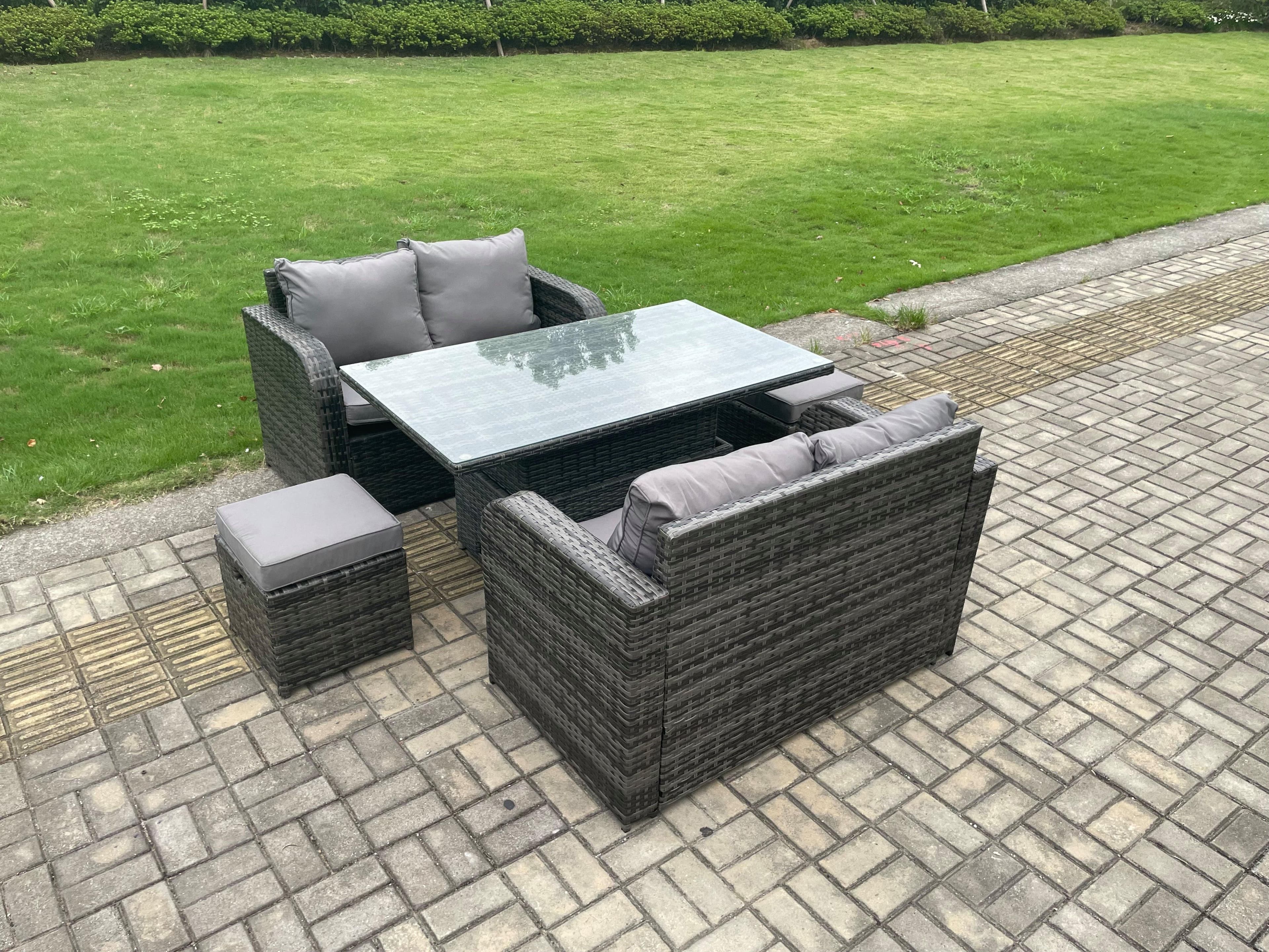 Outdoor Rattan Furniture Garden Dining Set Height Adjustable Rising lifting Table Love Sofa Set 2 Small Footstools