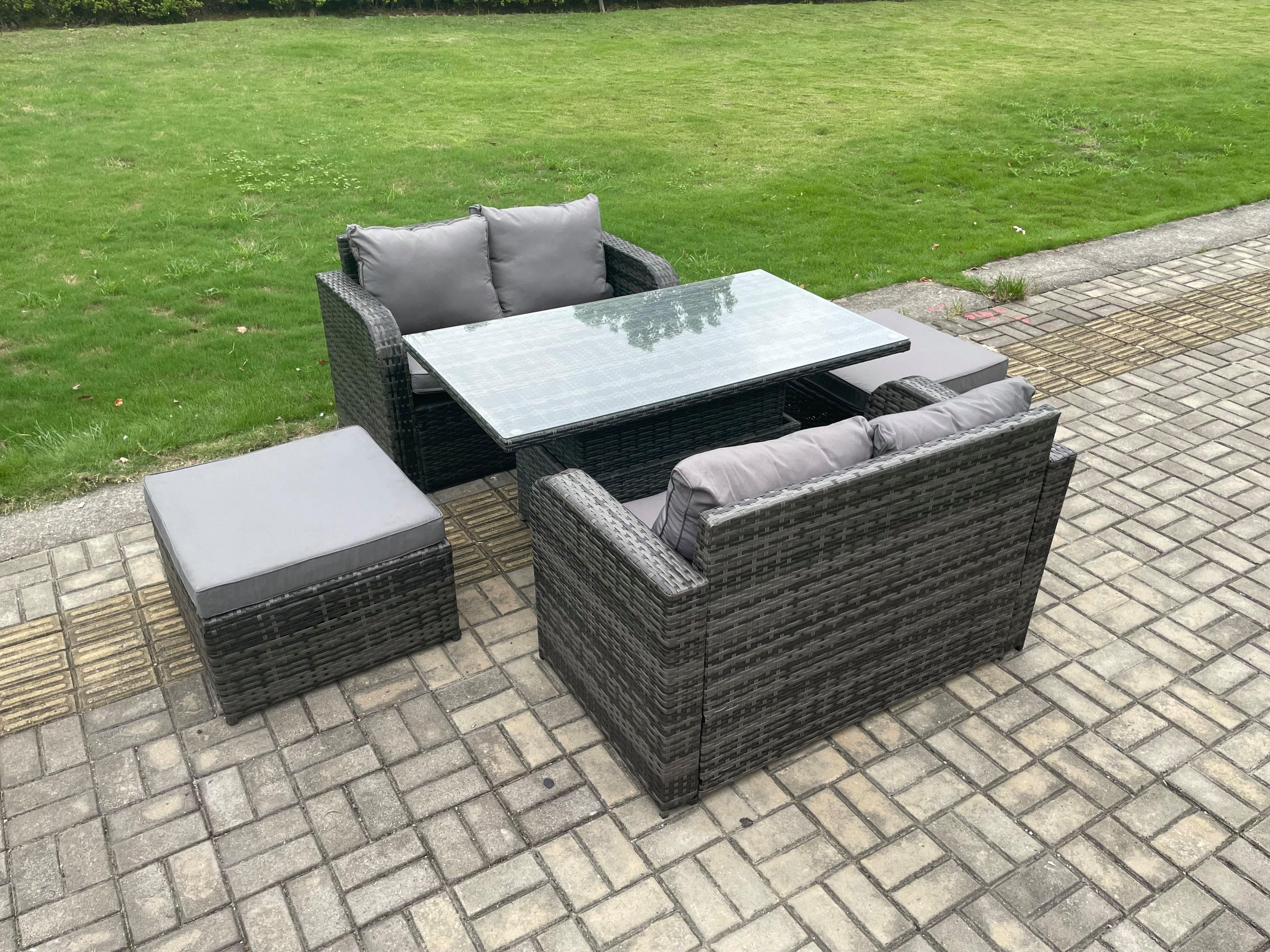 Outdoor Rattan Furniture Garden Dining Set Height Adjustable Rising lifting Table Love Sofa Set