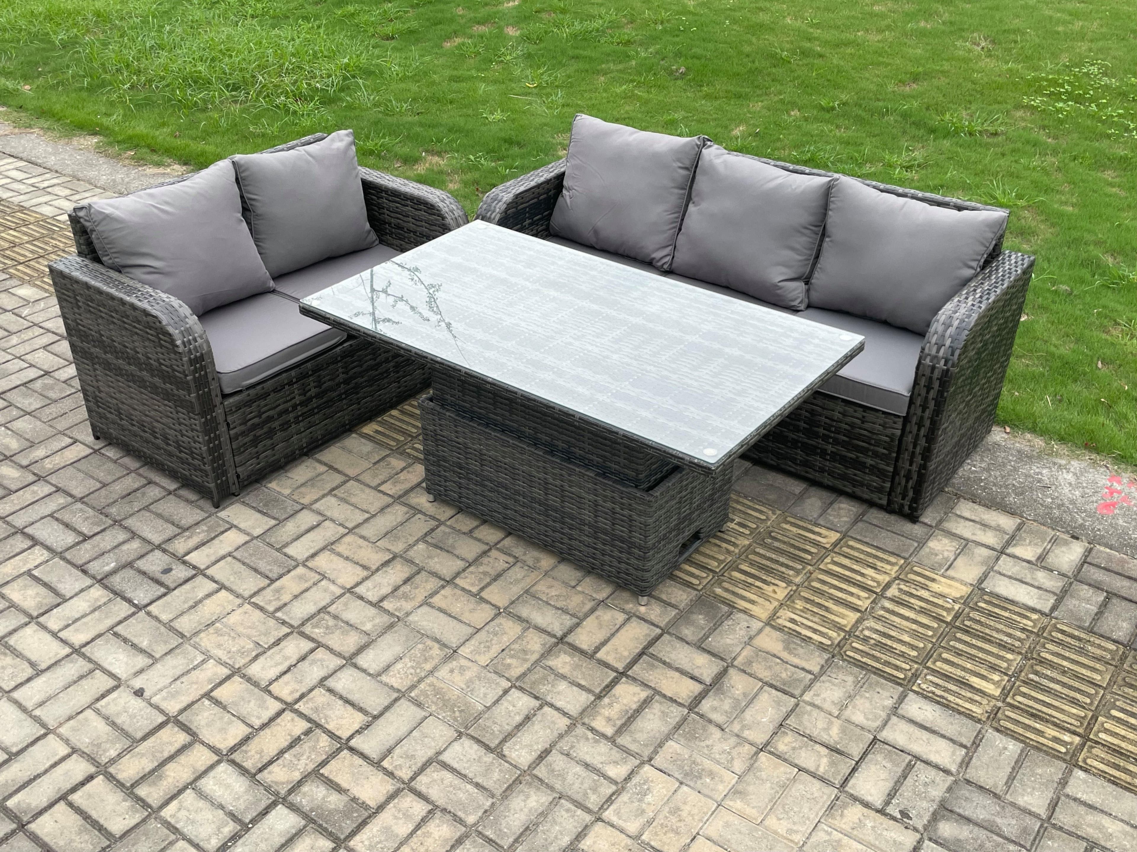 Outdoor Rattan Garden Furniture Sets Height Adjustable Rising lifting Dining Table Lounge Sofa Set Dark Grey Mixed