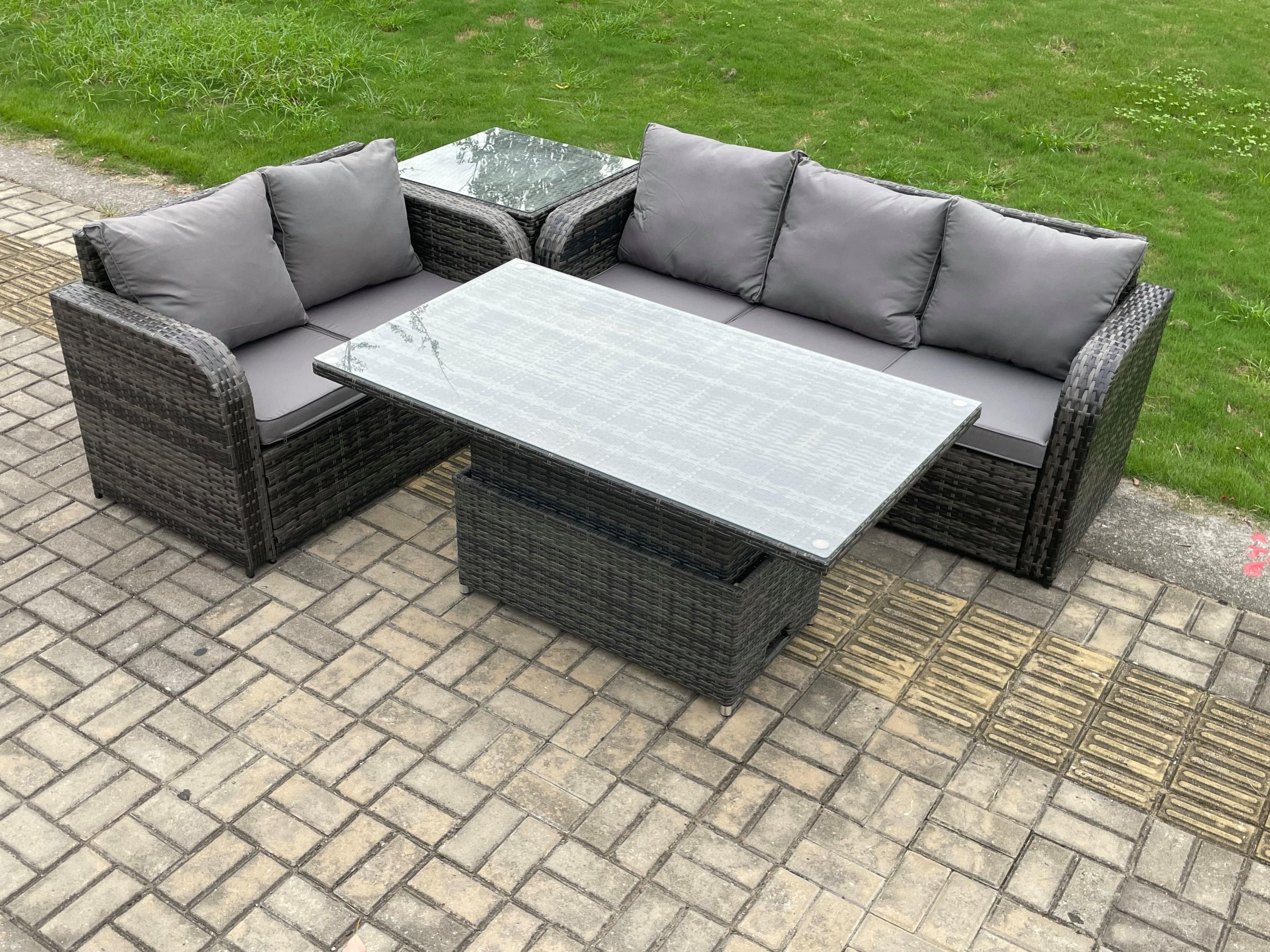 Outdoor Rattan Garden Furniture Sets Height Adjustable Rising lifting Dining Table Lounge Sofa Set Side Table