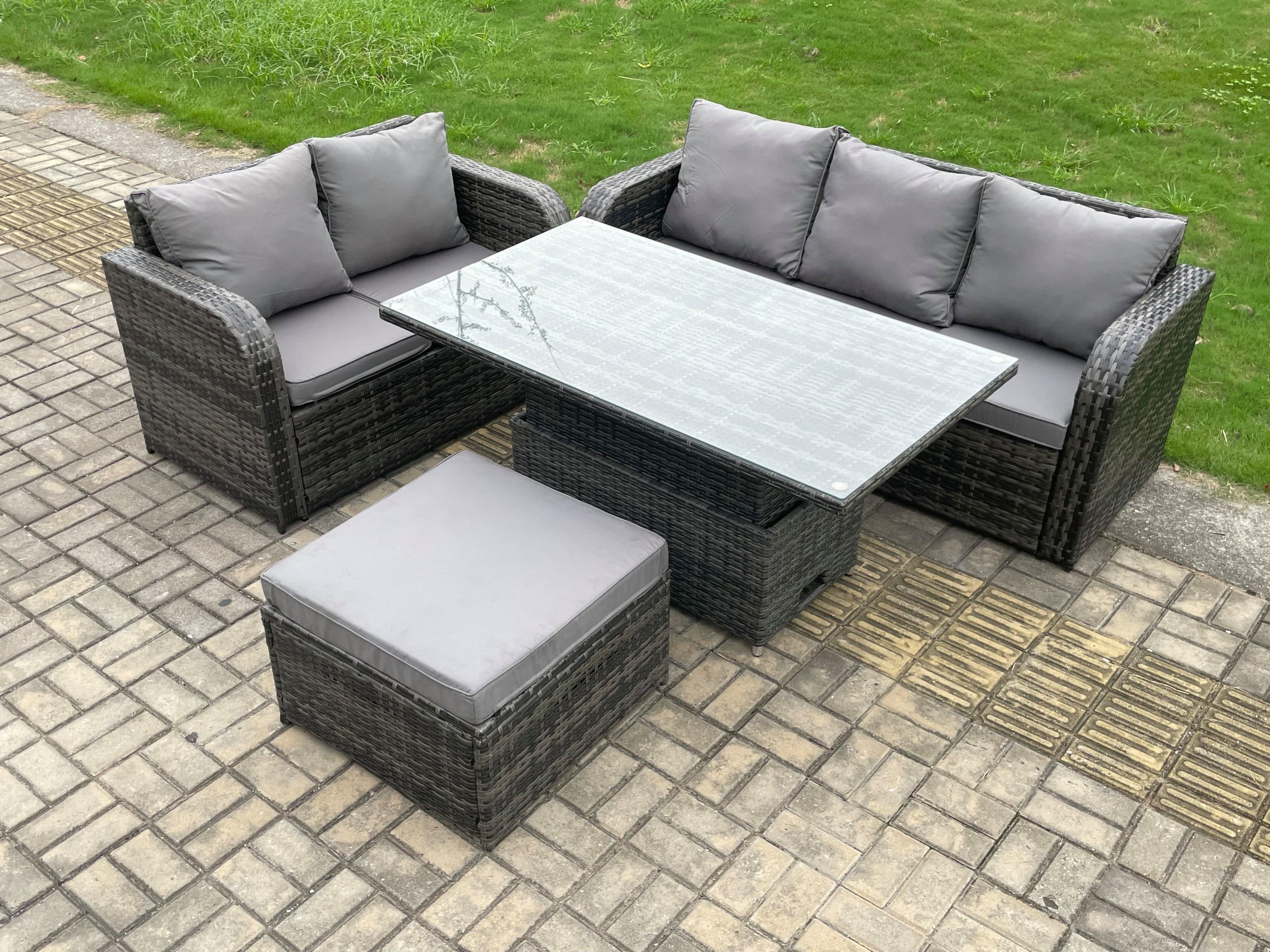 Outdoor Rattan Garden Furniture Set Height Adjustable Rising lifting Dining Table Lounge Sofa Set Dark Grey Mixed