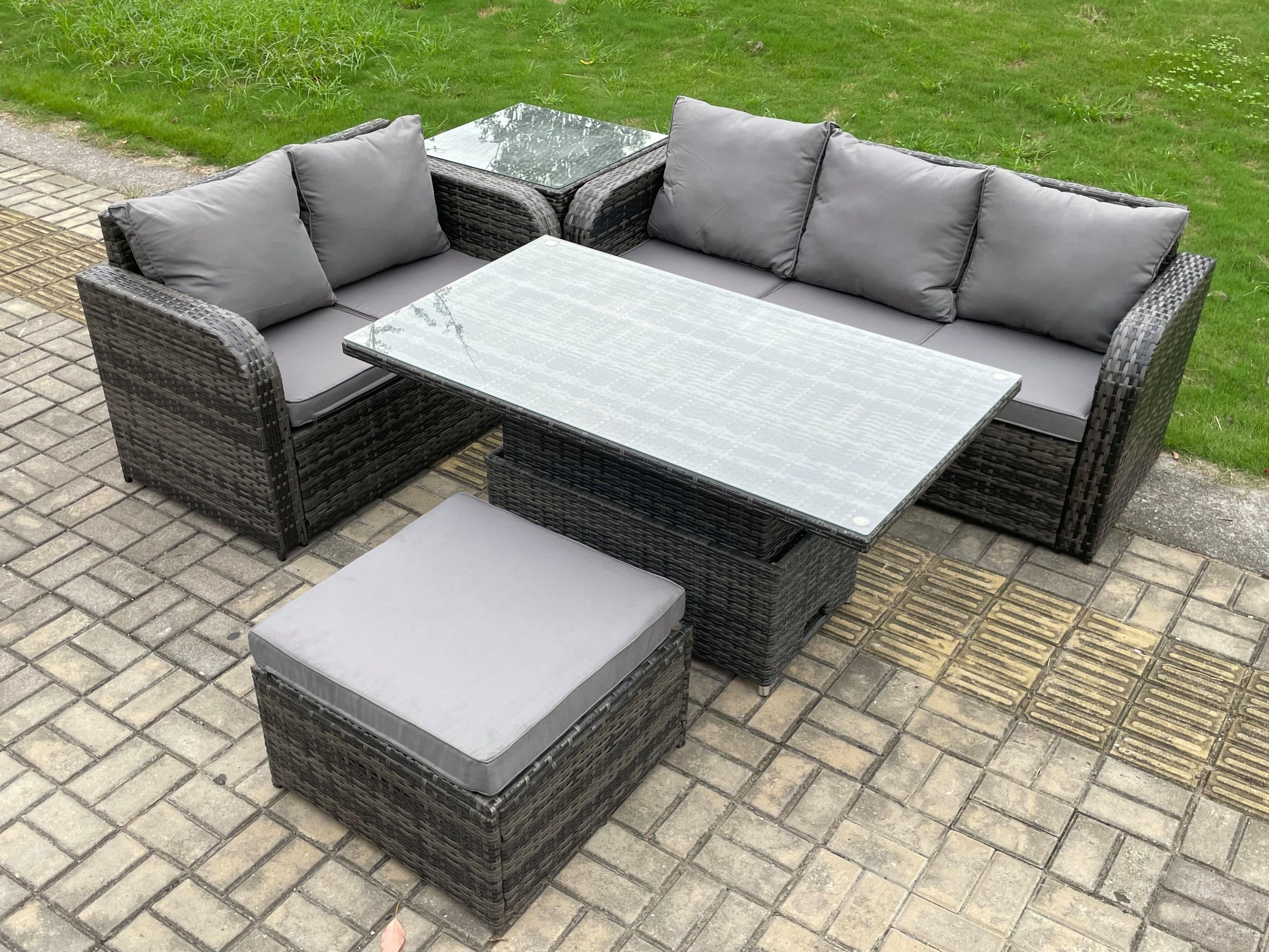 6 Seater Outdoor Rattan Garden Furniture Sets Height Adjustable Rising lifting Dining Table Lounge Sofa Set