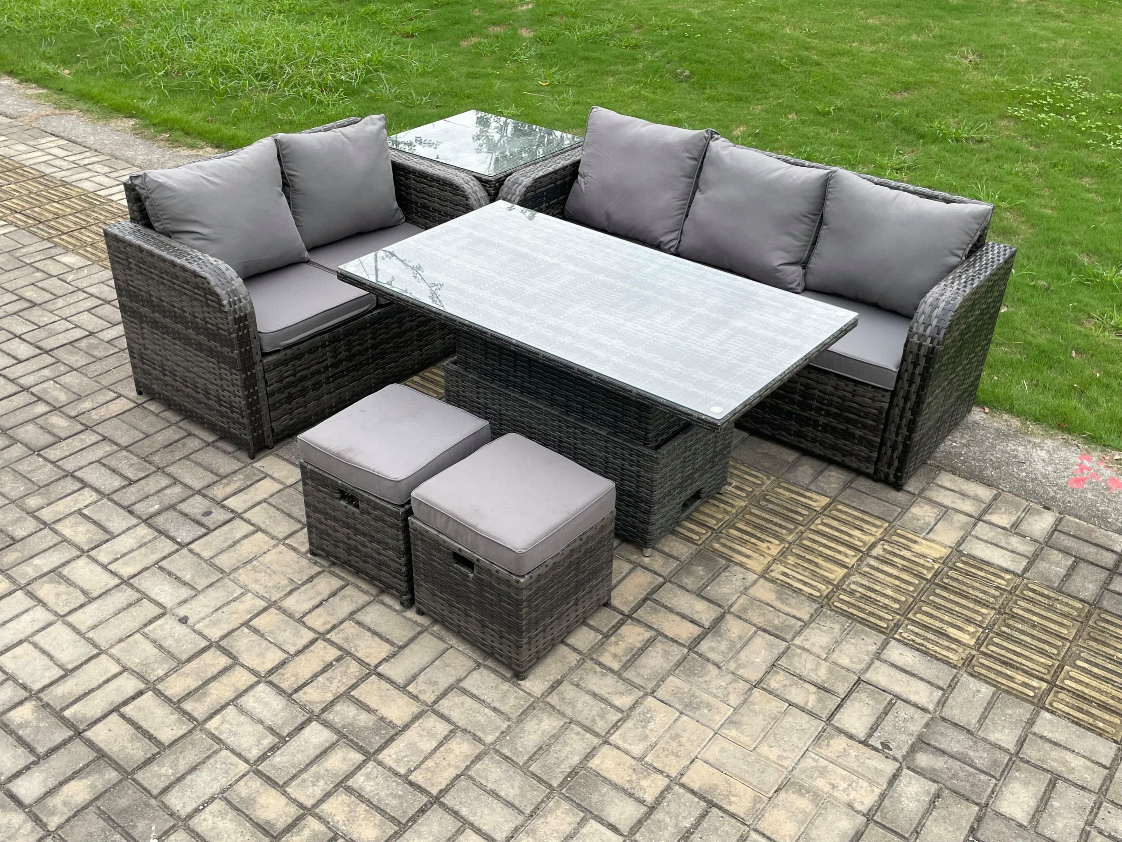 Outdoor Rattan Garden Furniture Sets Height Adjustable Rising lifting Dining Table Lounge Sofa Set Side Table