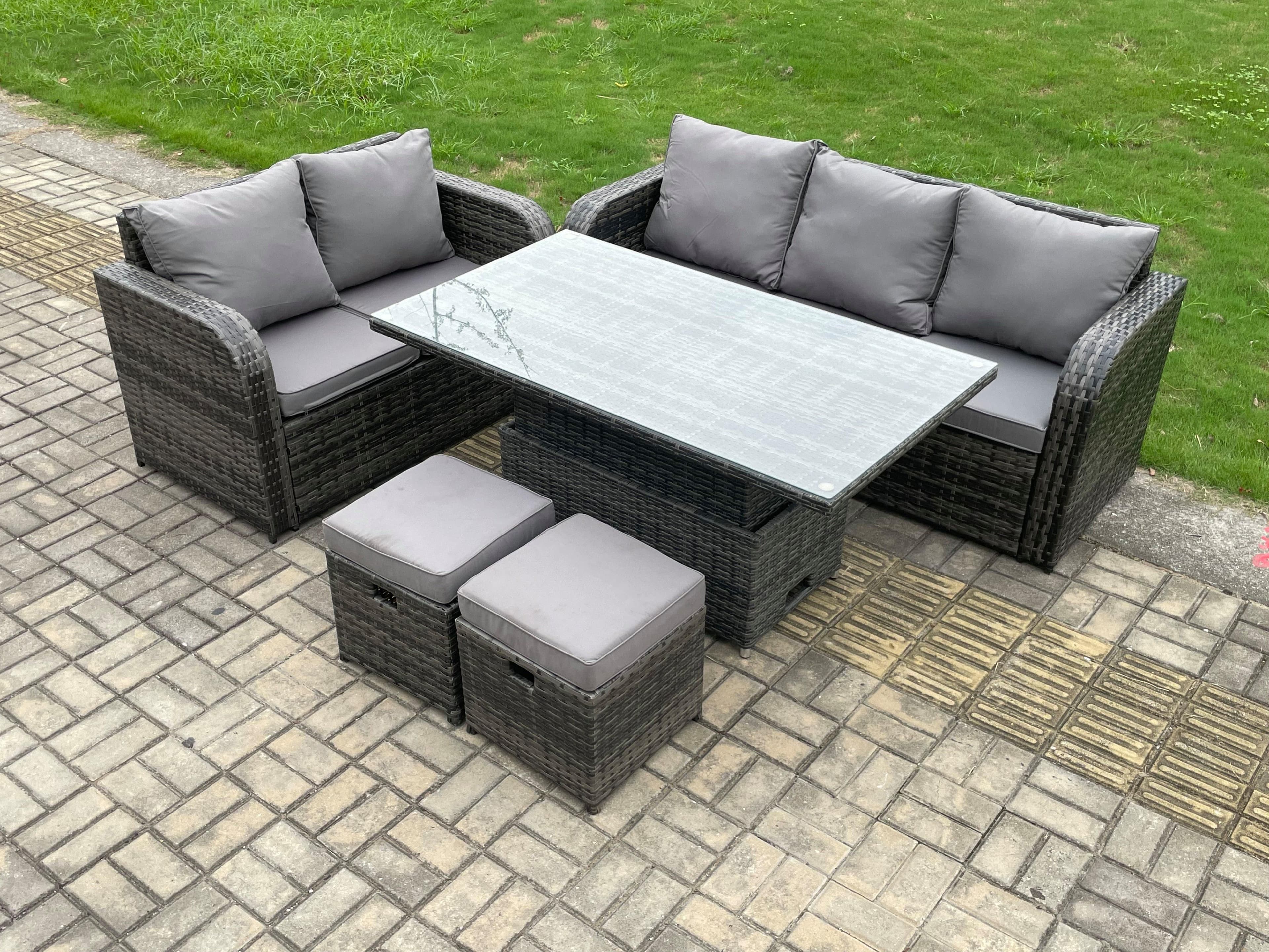 Outdoor Rattan Garden Furniture Sets Height Adjustable Rising lifting Dining Table Lounge Sofa Set Love Sofa