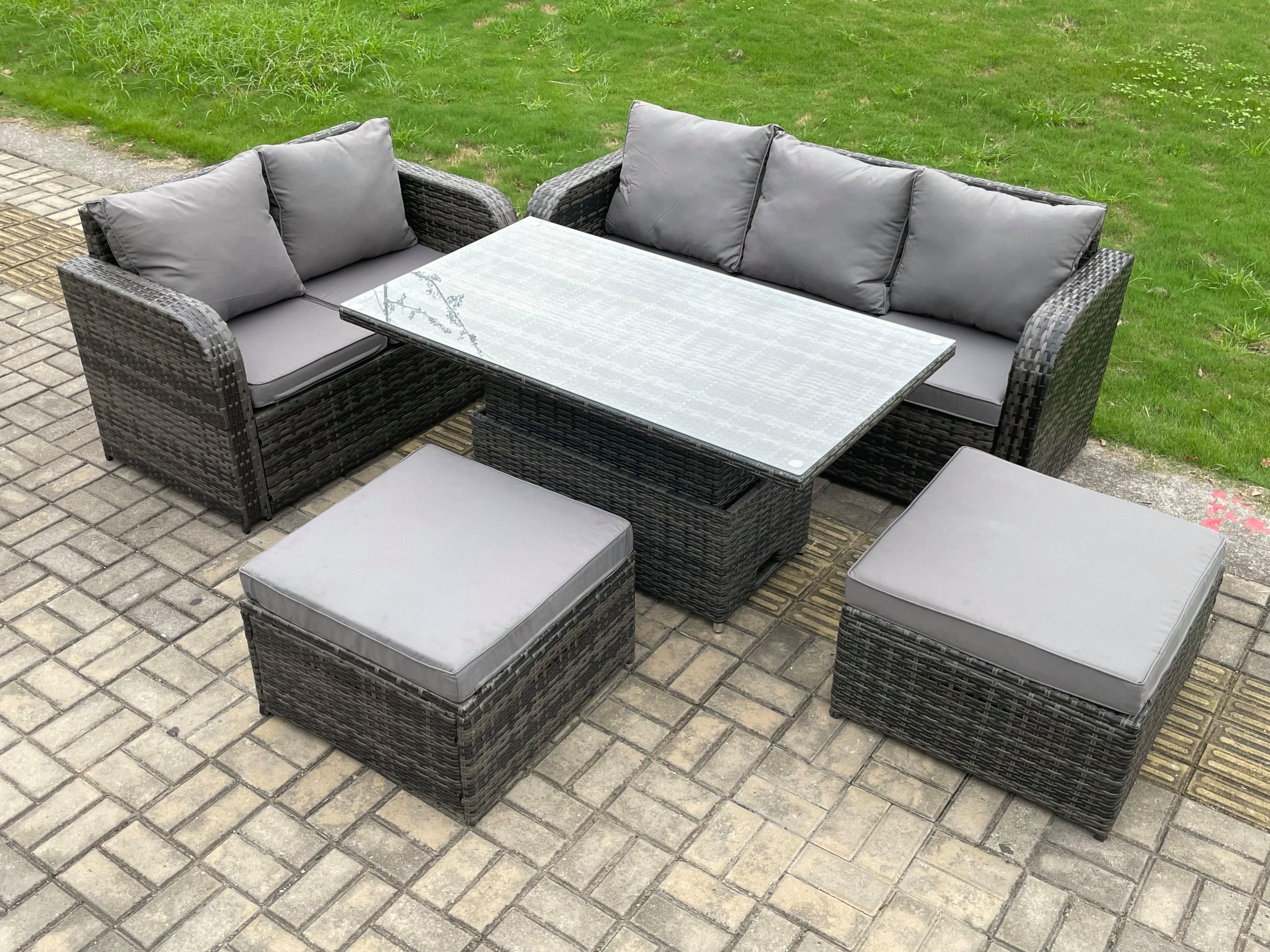 Outdoor Rattan Garden Furniture Sets Height Adjustable Rising lifting Dining Table Lounge Sofa Set