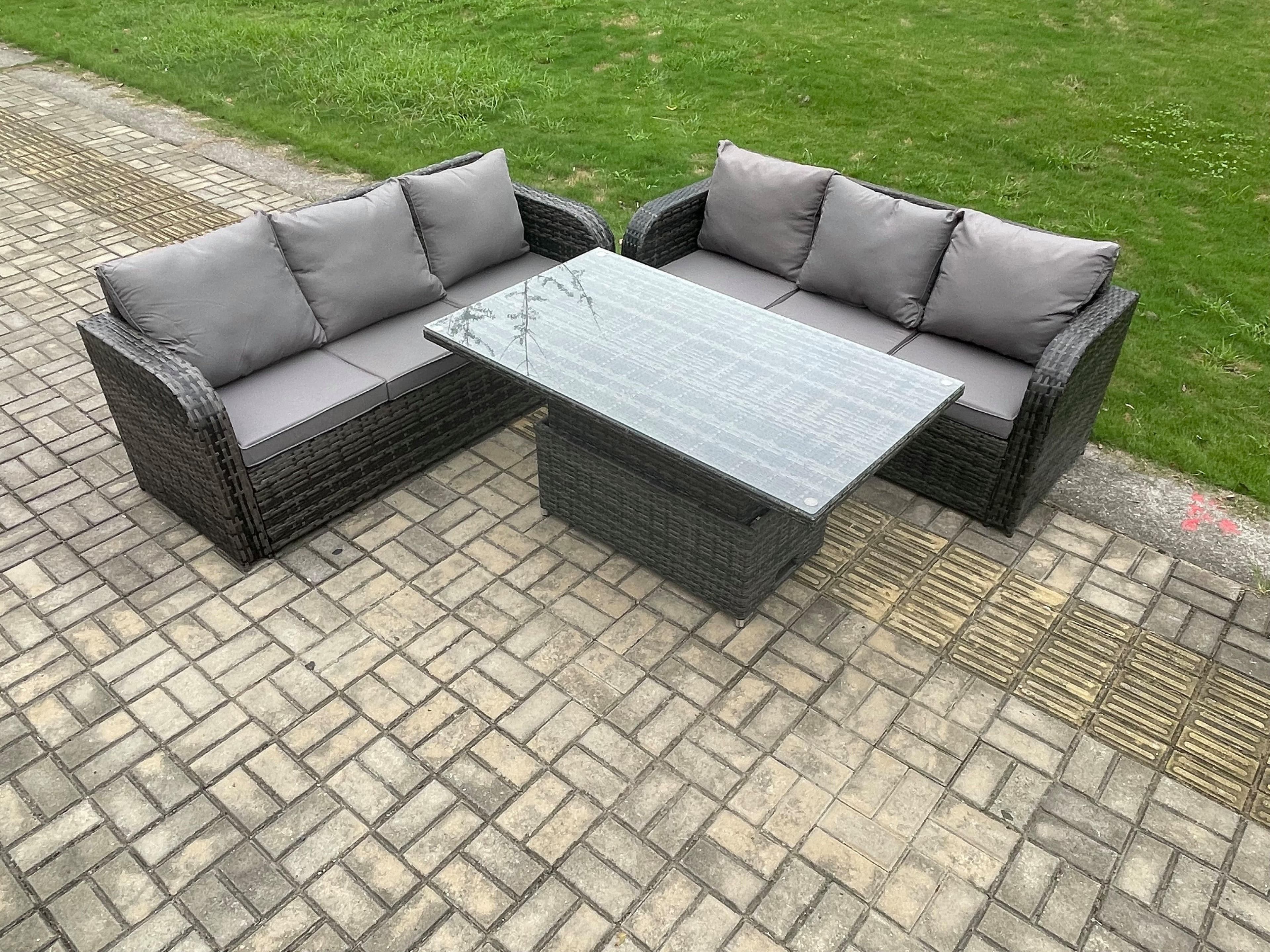 6 Seater Garden Dining Sets Outdoor Rattan Furniture Lounge Sofa Height Adjustable Rising lifting Table Set