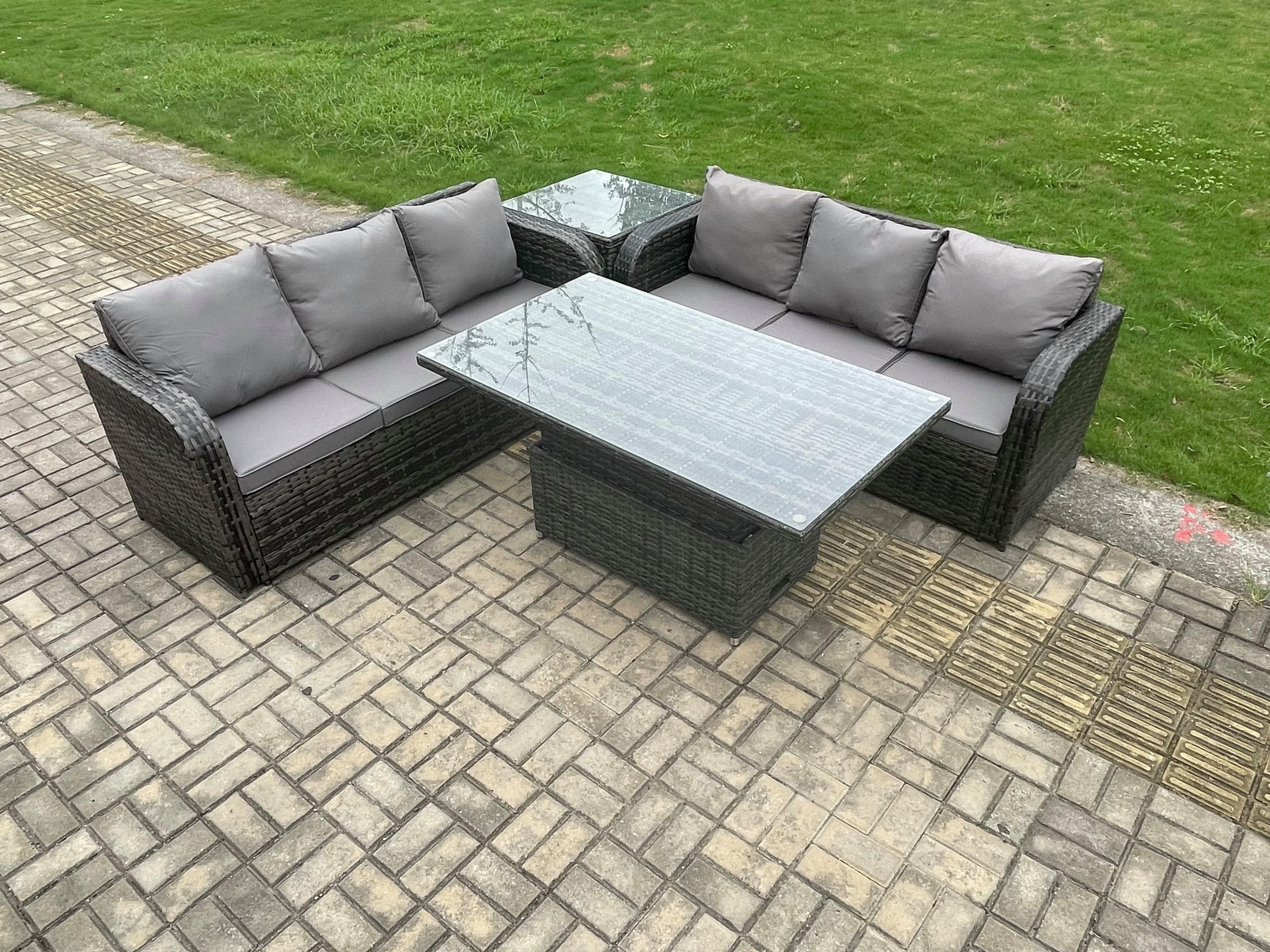 Outdoor Rattan Garden Furniture Lounge Sofa Set Height Adjustable Rising lifting Dining Table Dark Grey Mixed