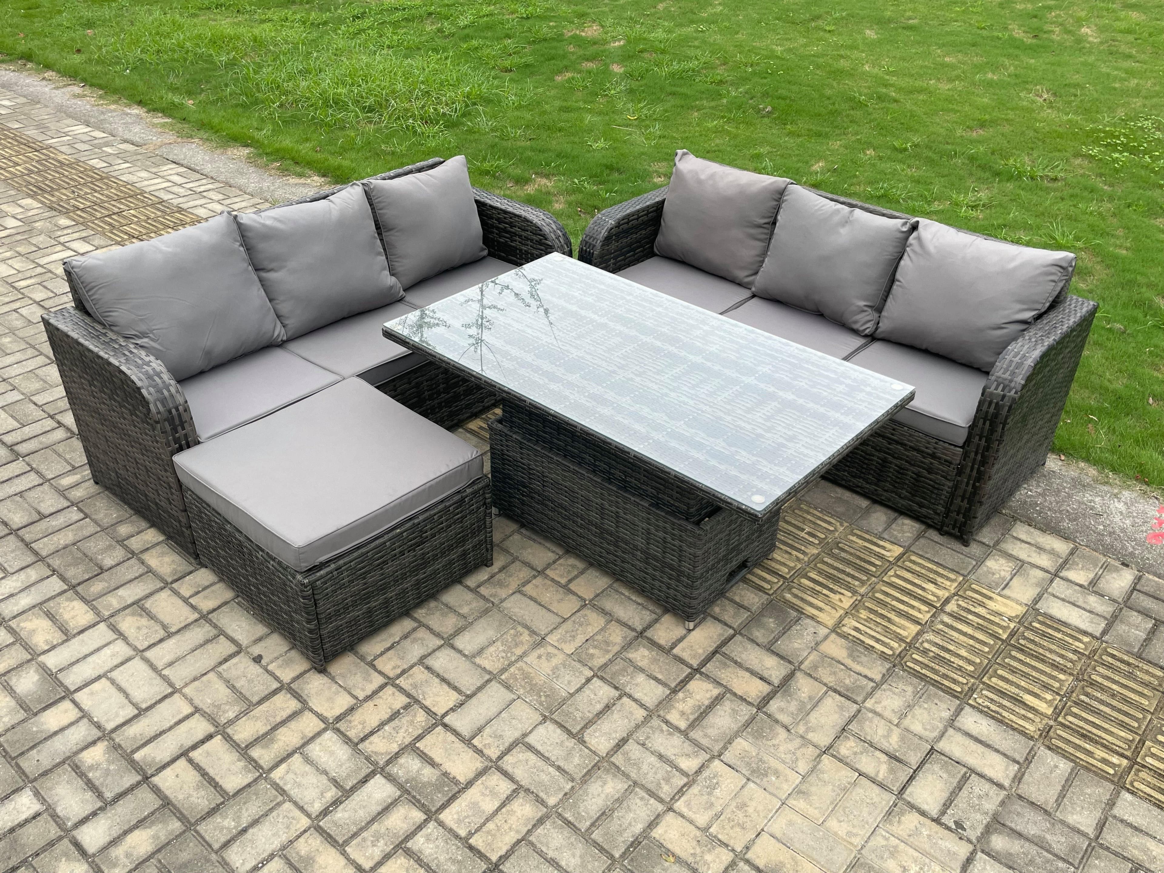 Outdoor Rattan Garden Furniture Sets Height Adjustable Rising lifting Dining Table Sofa Set Big Footstool