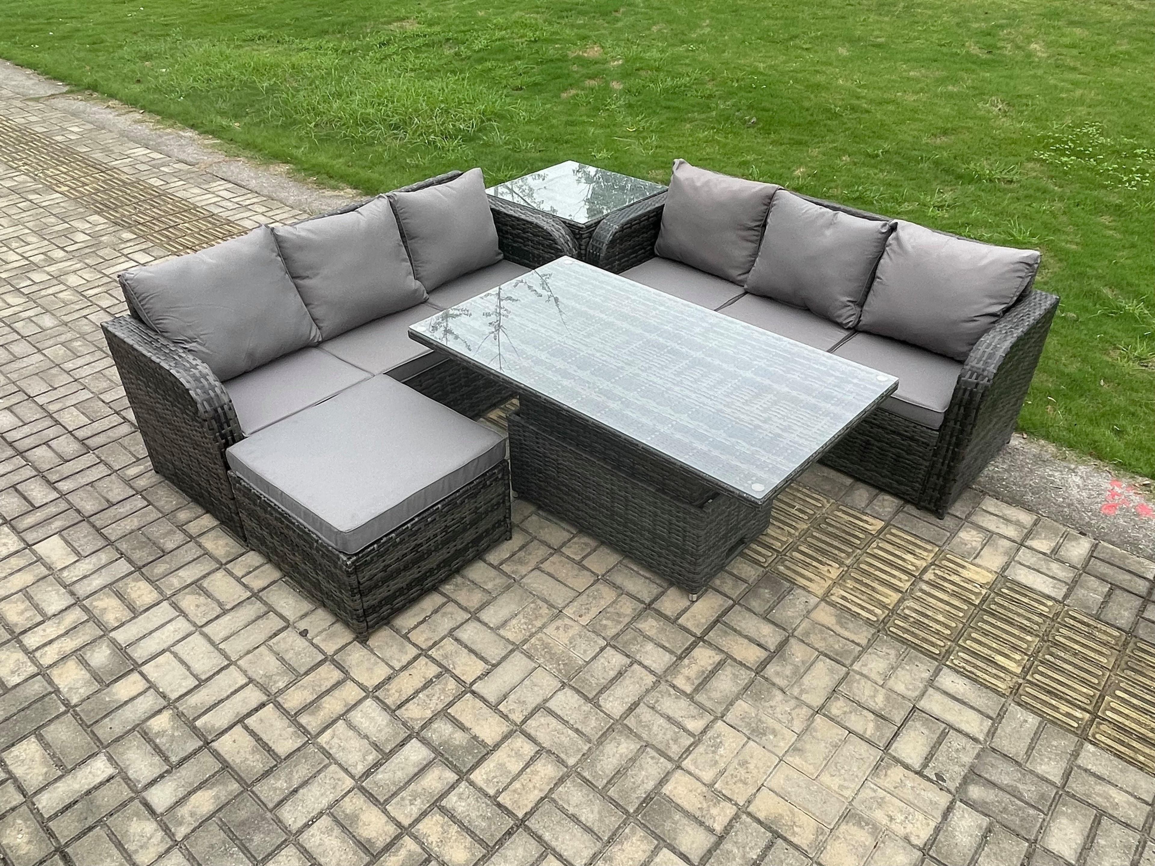 Outdoor Rattan Garden Furniture Sets Height Adjustable Rising lifting Dining Table Sofa Set Side Table