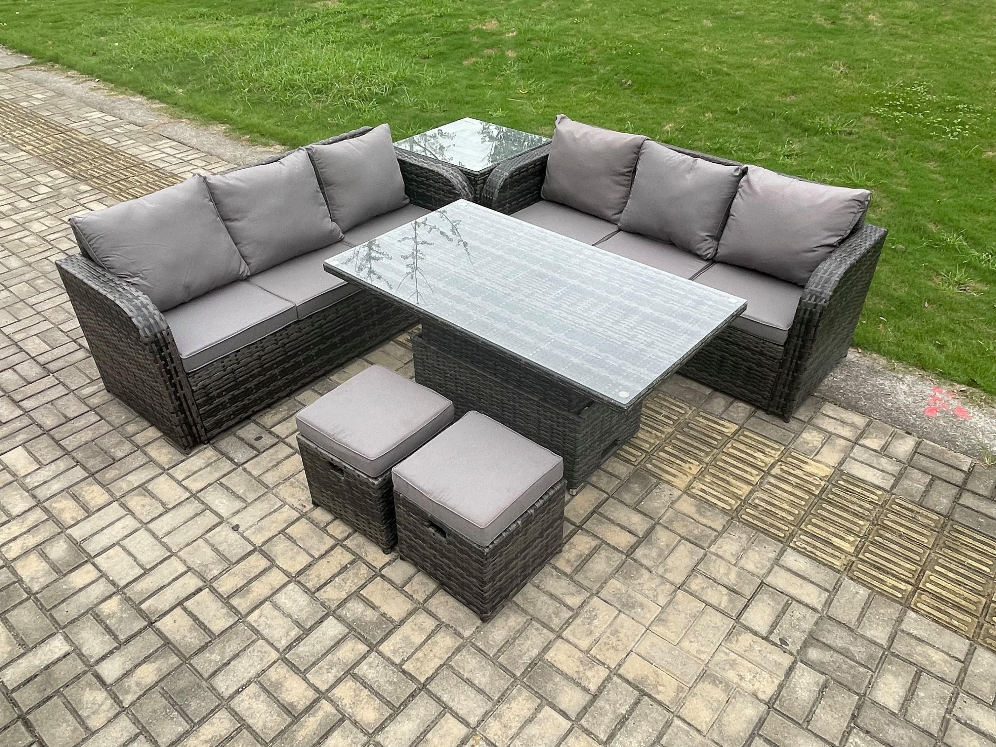 Outdoor Rattan Garden Furniture Sets Height Adjustable Rising lifting Dining Table Sofa Set Side Table