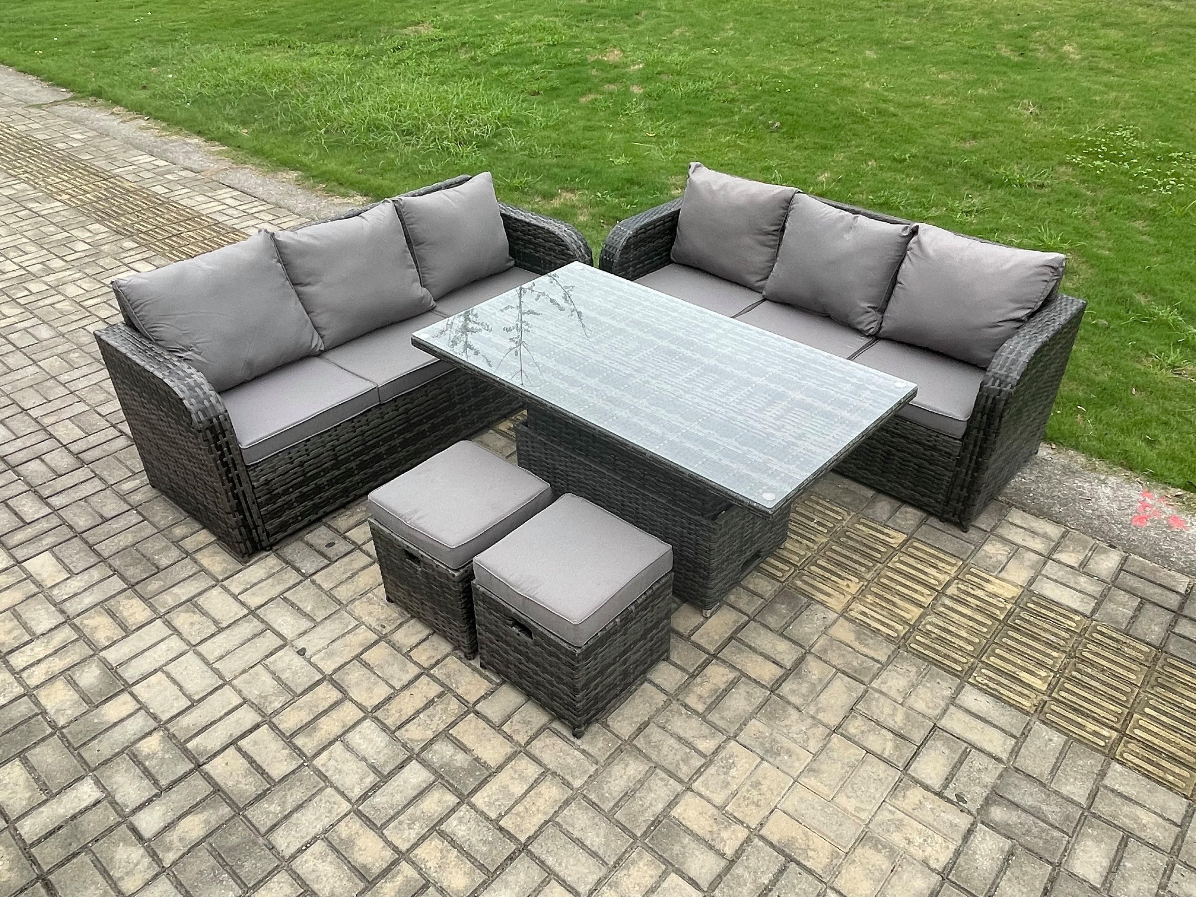 8 Seater Outdoor Rattan Garden Furniture Sets Height Adjustable Rising lifting Dining Table Sofa Set Footstools