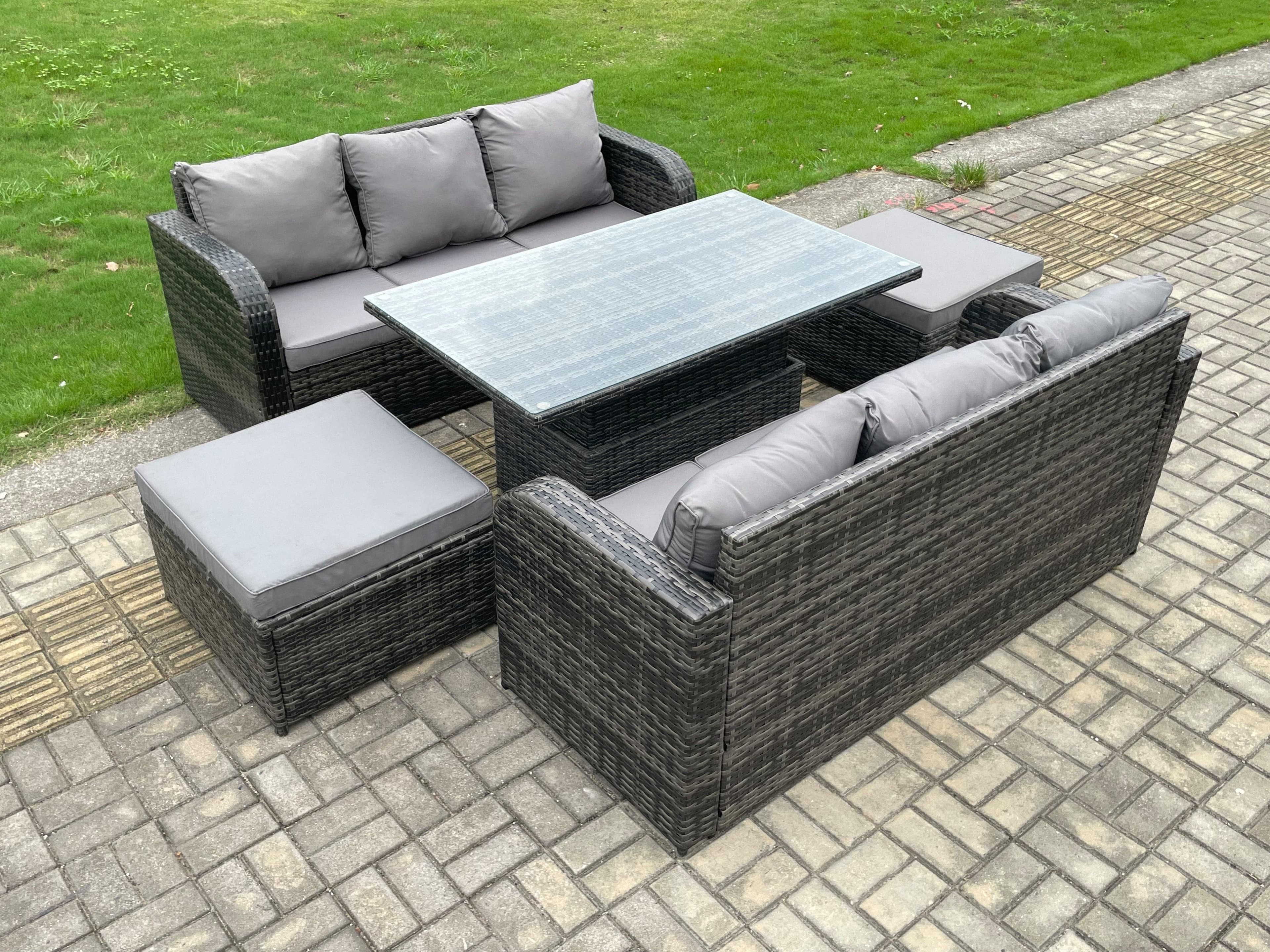 Outdoor Rattan Garden Furniture Sets Height Adjustable Rising lifting Dining Table Sofa Set 2 Big Footstool