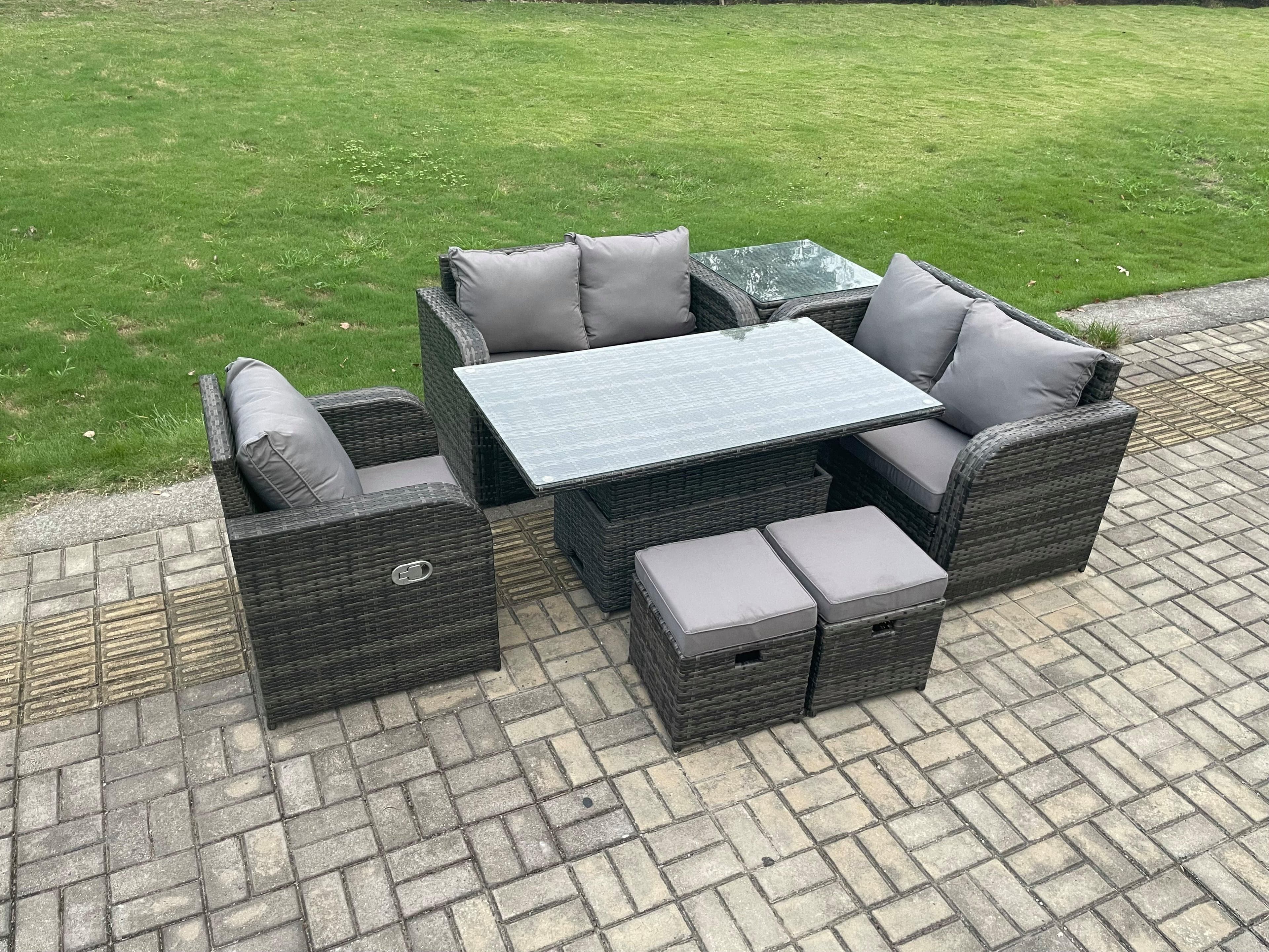 7 Seater Rattan Furniture Garden Dining Set Outdoor Height Adjustable Rising lifting Table Love Sofa Chair