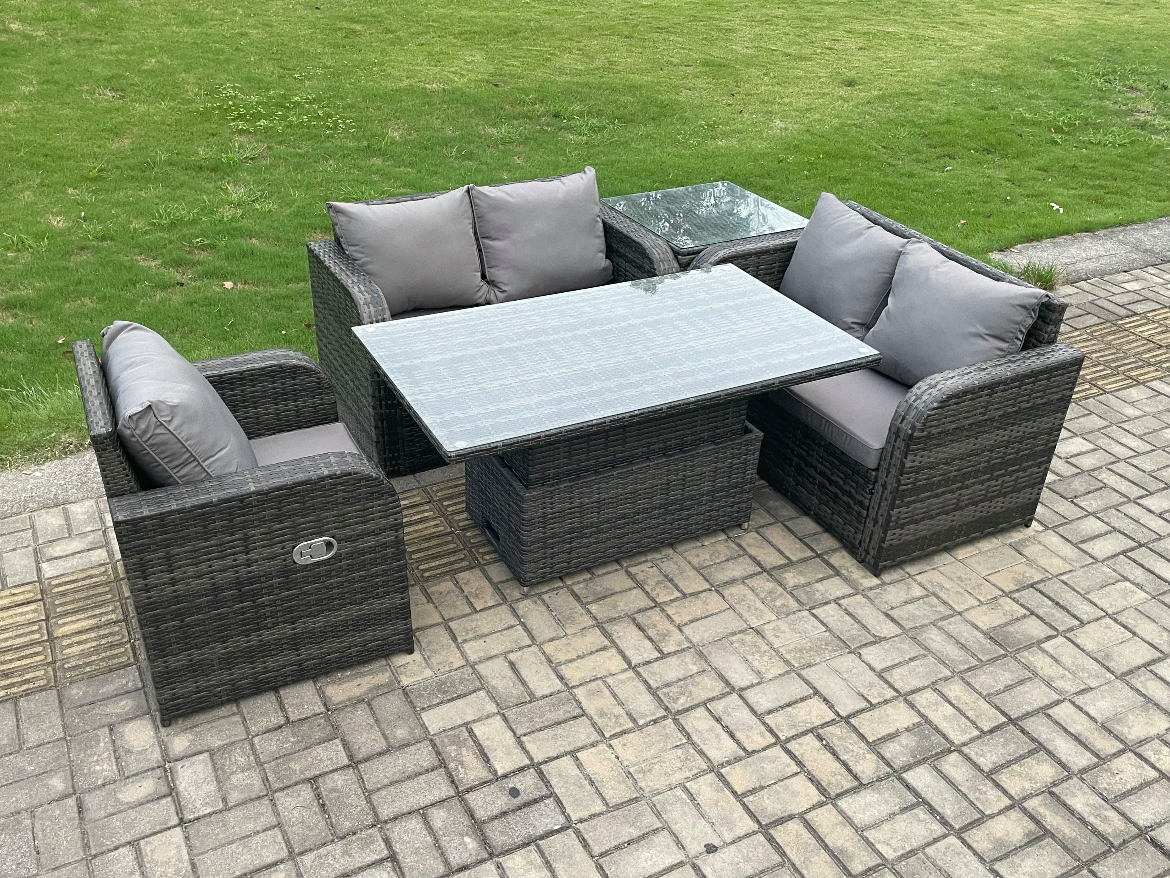 Rattan Furniture Garden Dining Set Outdoor Height Adjustable Rising lifting Table Love Sofa Chair Side Table