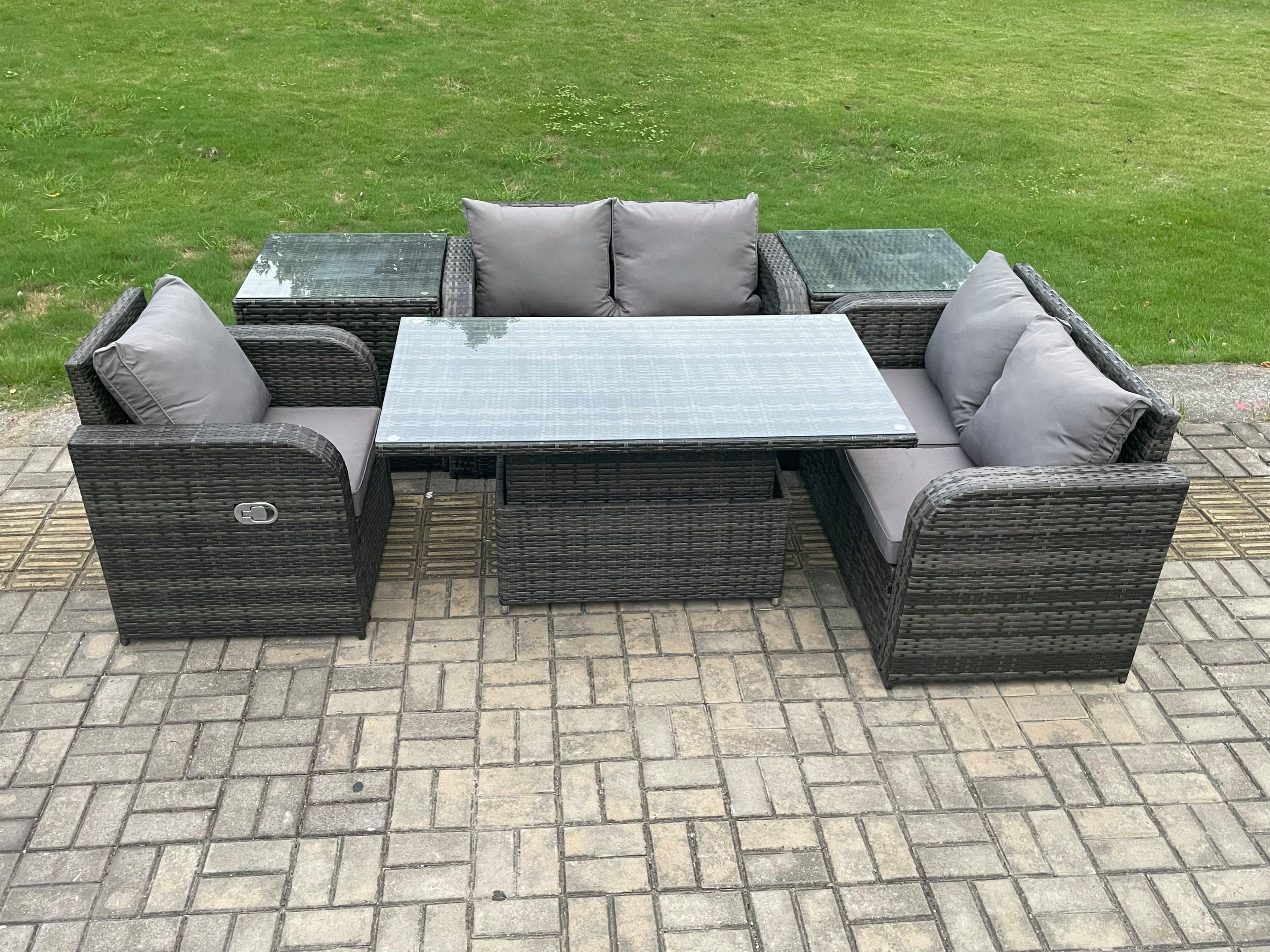 5 Seater Rattan Furniture Garden Dining Set Outdoor Height Adjustable Rising lifting Table Love Sofa Chair