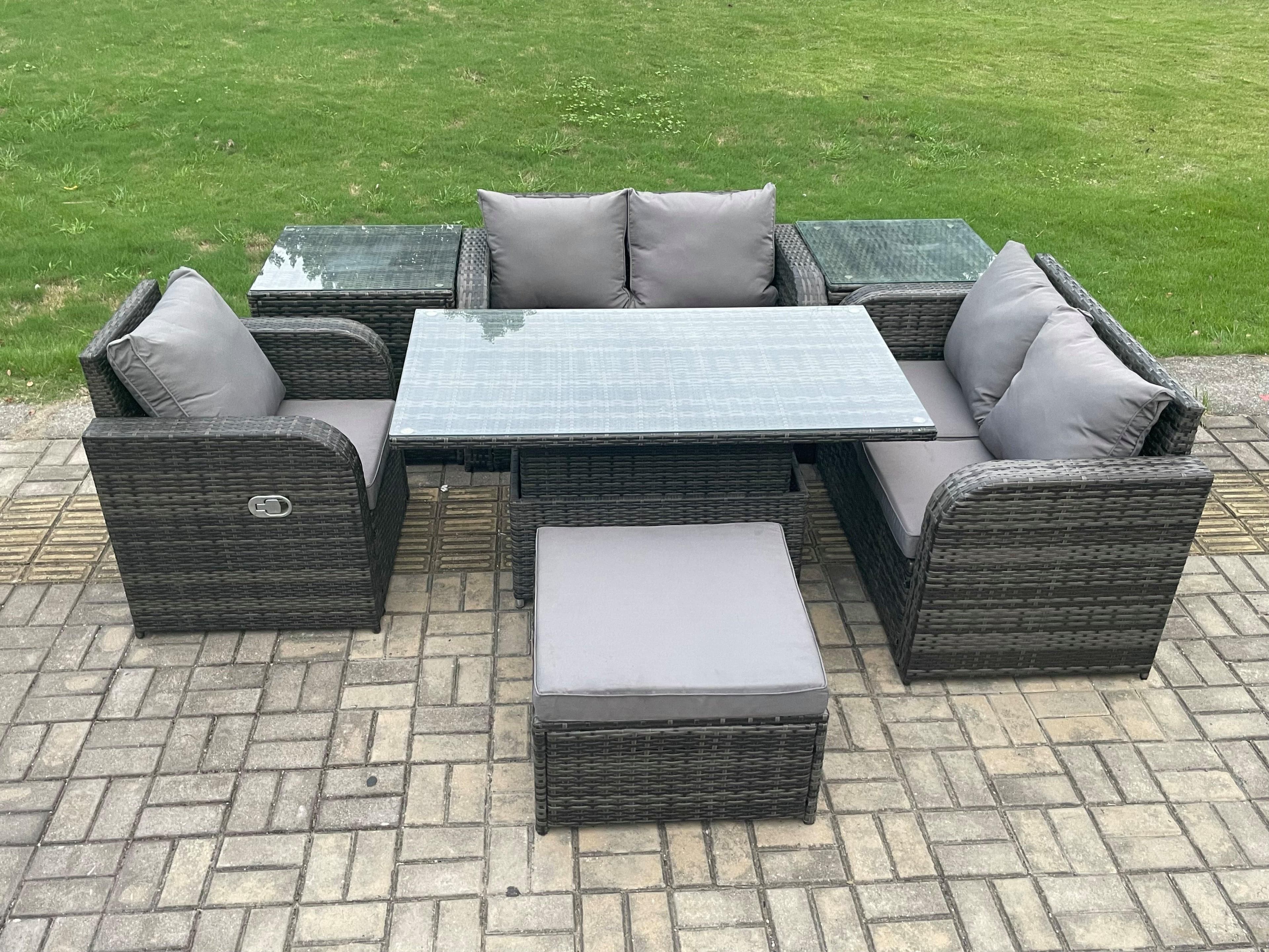 6 Seater Rattan Furniture Garden Dining Set Outdoor Height Adjustable Rising lifting Table Love Sofa Chair Side Table