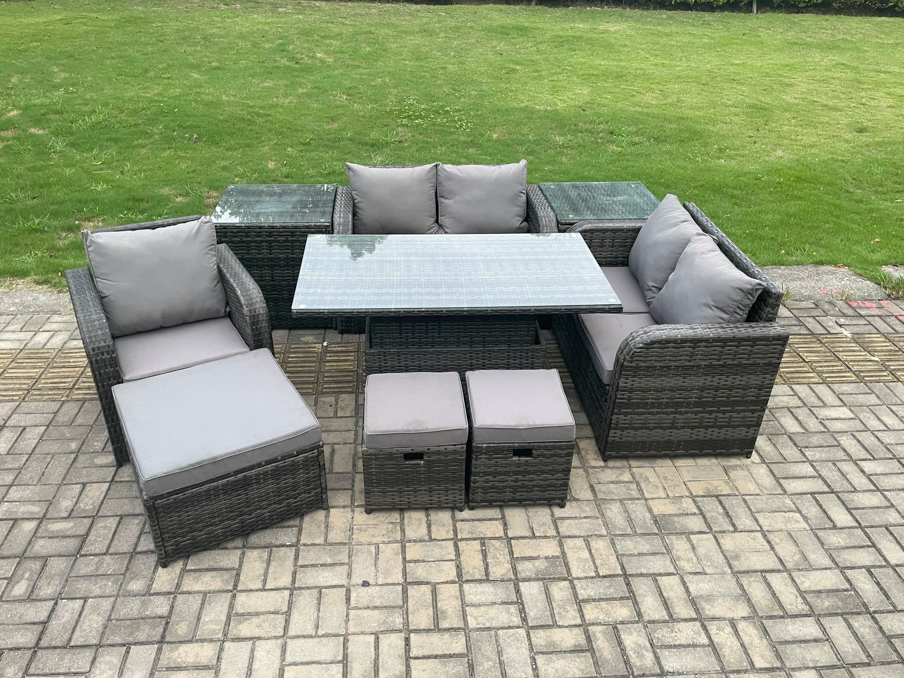 8 Seater Rattan Furniture Garden Dining Set Outdoor Height Adjustable Rising lifting Table Love Sofa Chair Side Table