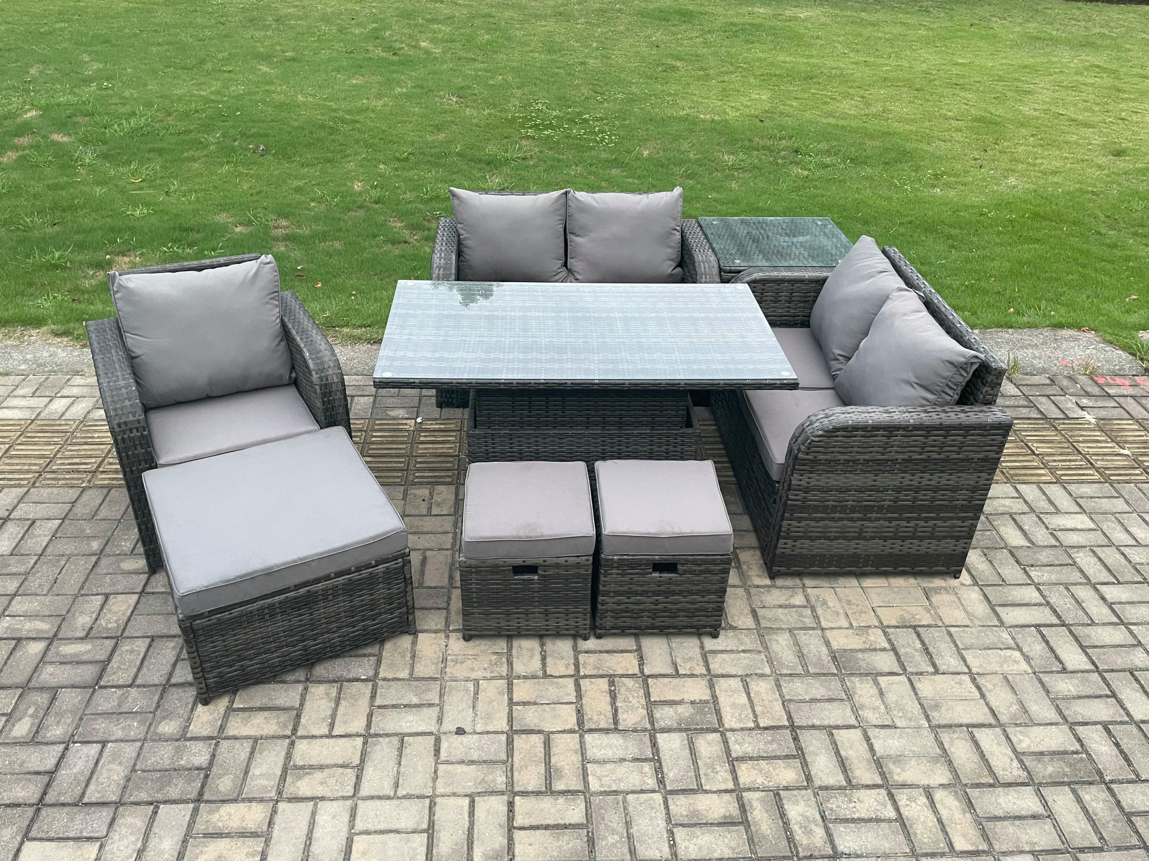 8 Seater Rattan Furniture Garden Dining Set Outdoor Height Adjustable Rising lifting Table Love Sofa Chair Side Table