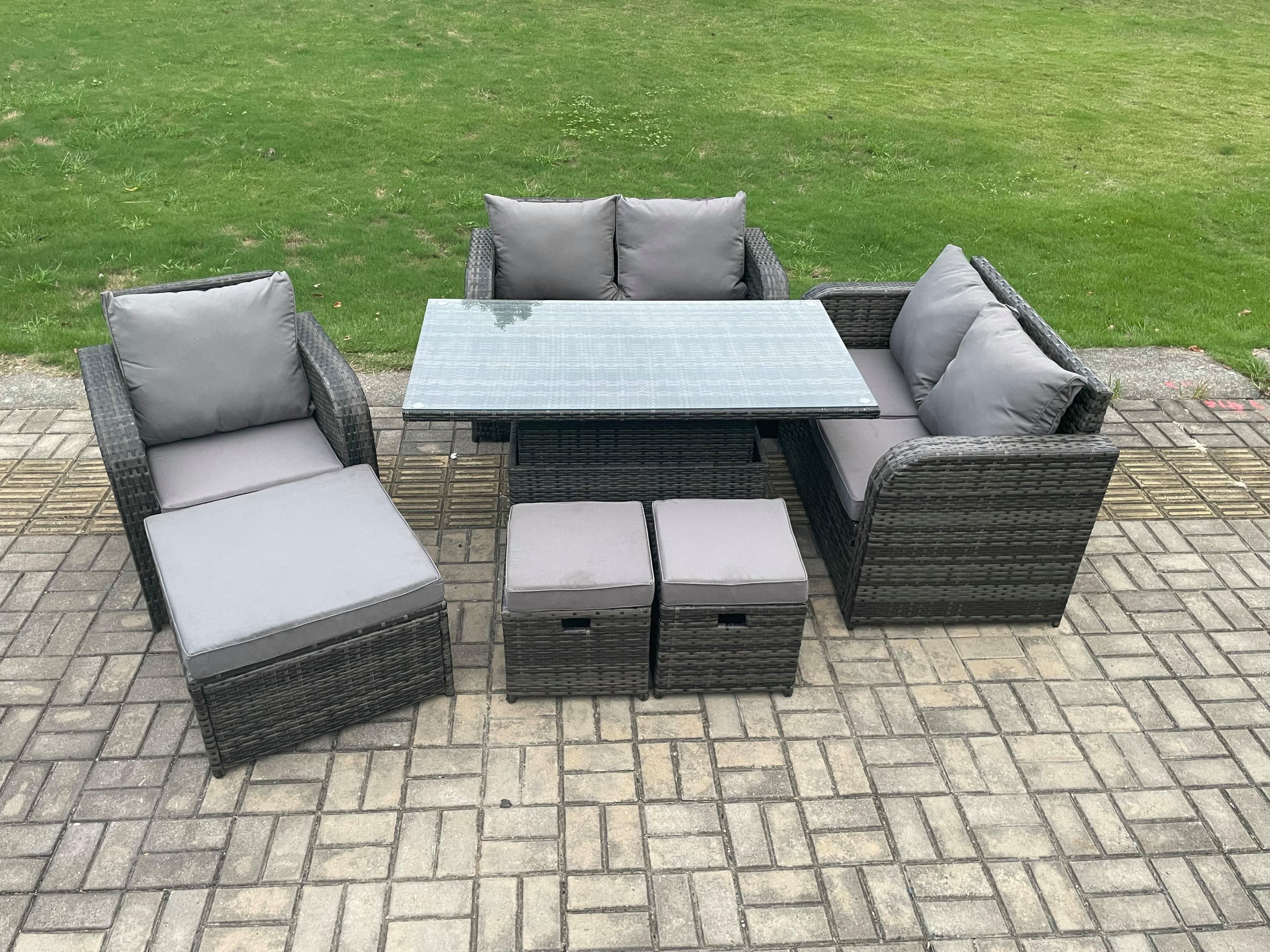 Rattan Furniture Garden Dining Set Outdoor Height Adjustable Rising lifting Table Love Sofa Chair 3 Footstools