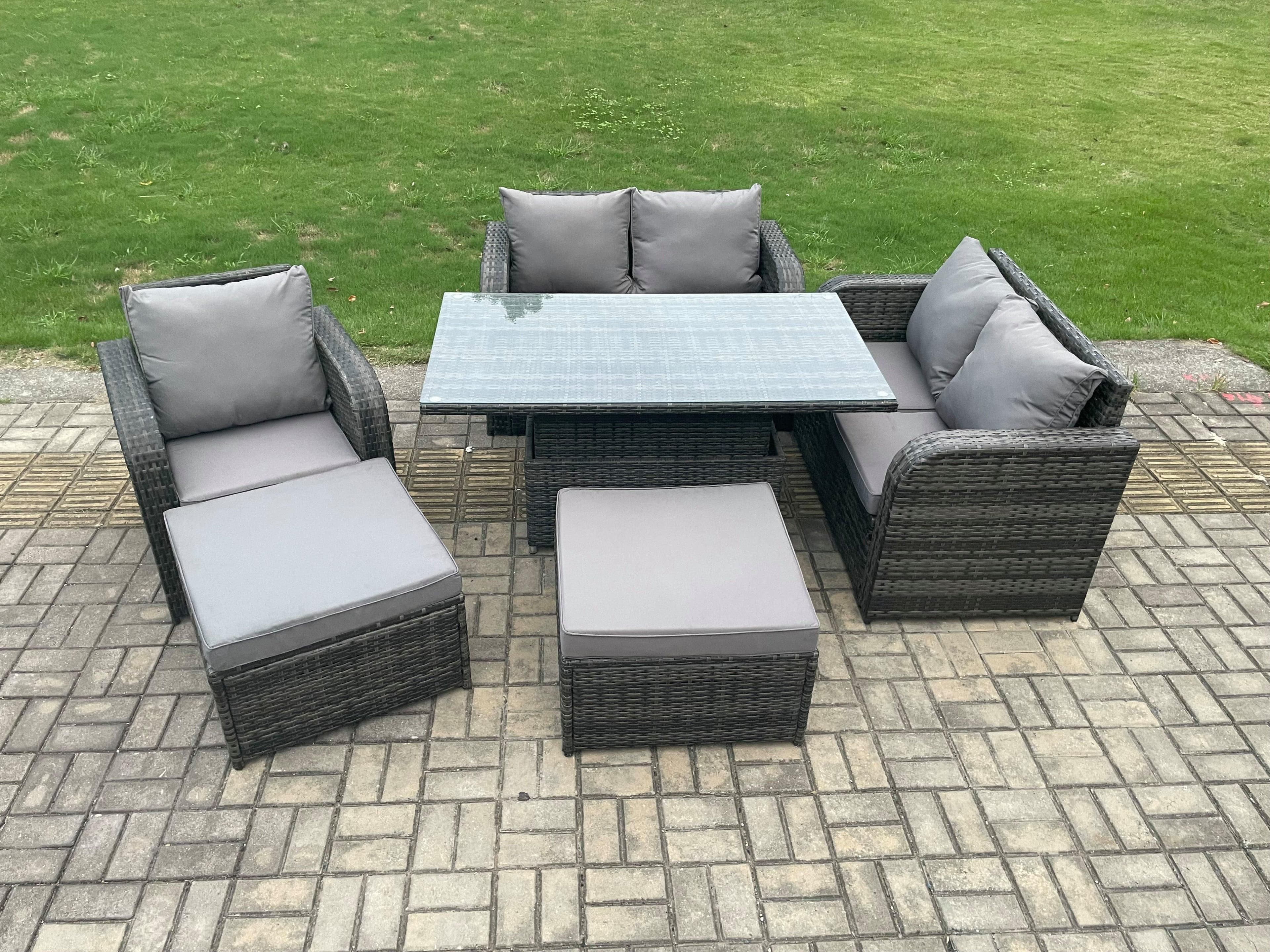 7 Seater Rattan Furniture Garden Dining Set Outdoor Height Adjustable Rising lifting Table Love Sofa Chair 2 Big Footstool