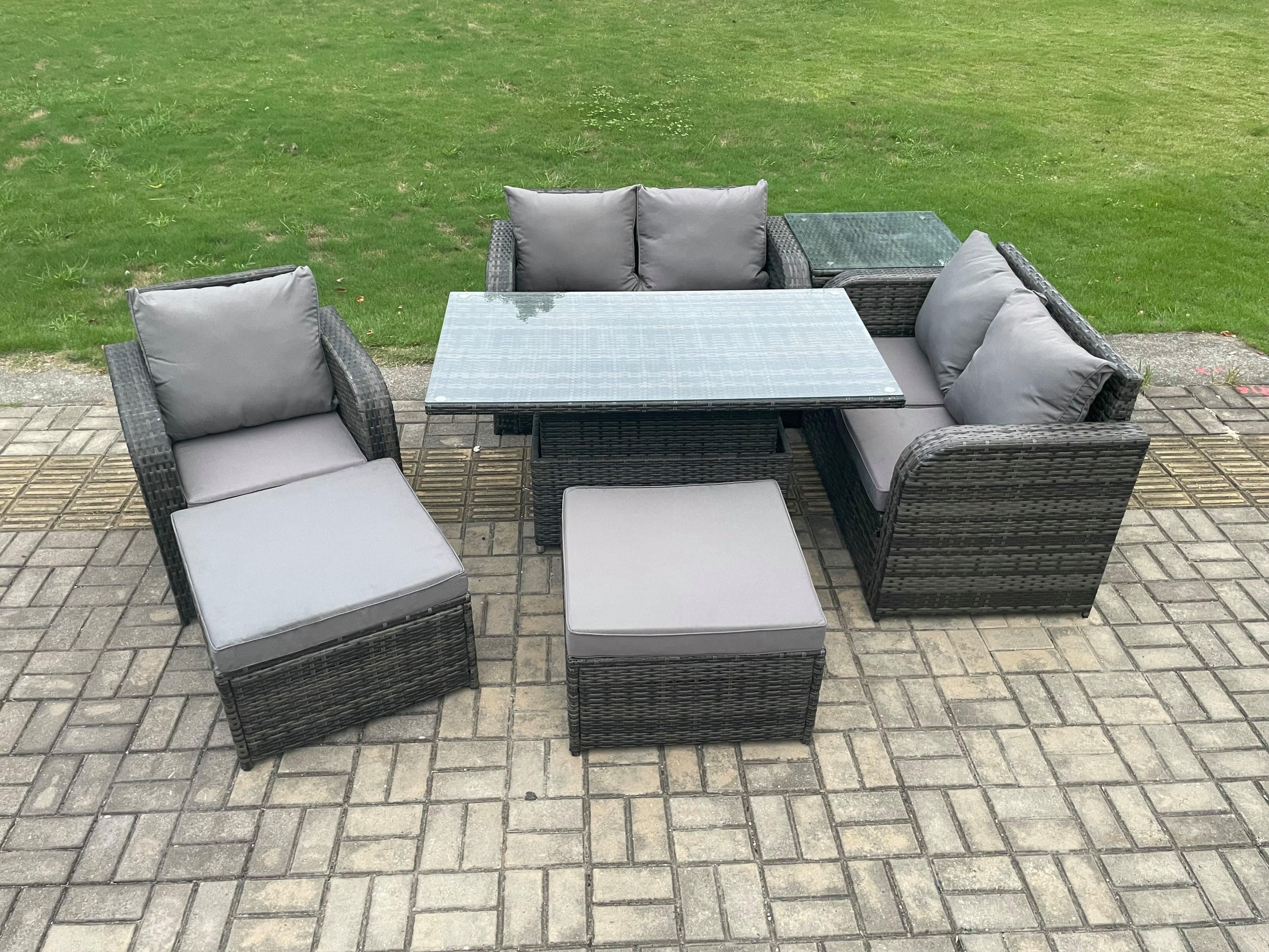 7 Seater Rattan Furniture Garden Dining Set Outdoor Height Adjustable Rising lifting Table Love Sofa Chair Side Table