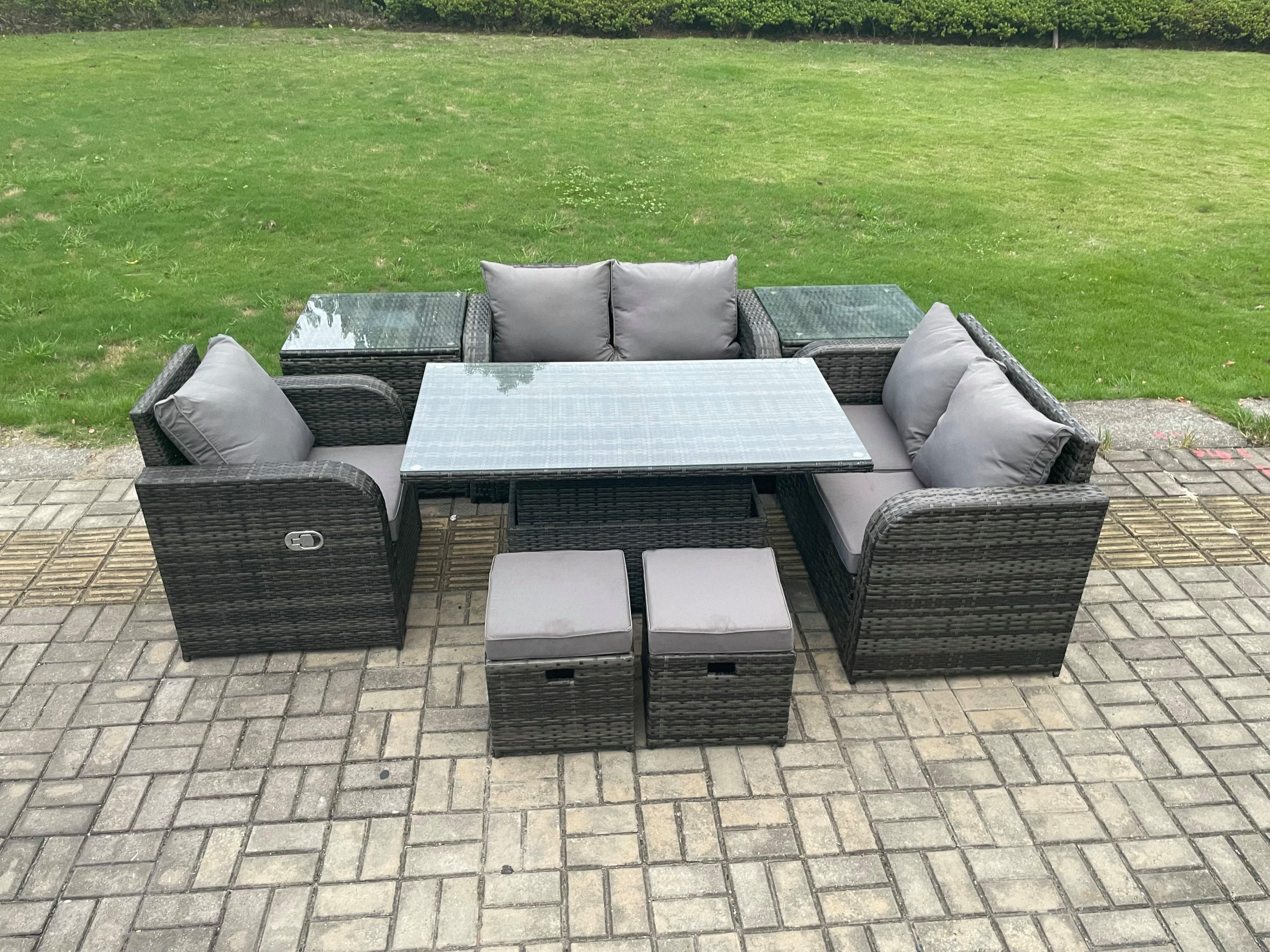 Wicker PE Rattan Furniture Garden Dining Set Reclining Chair 2 Side Tables 2 Small Footstools