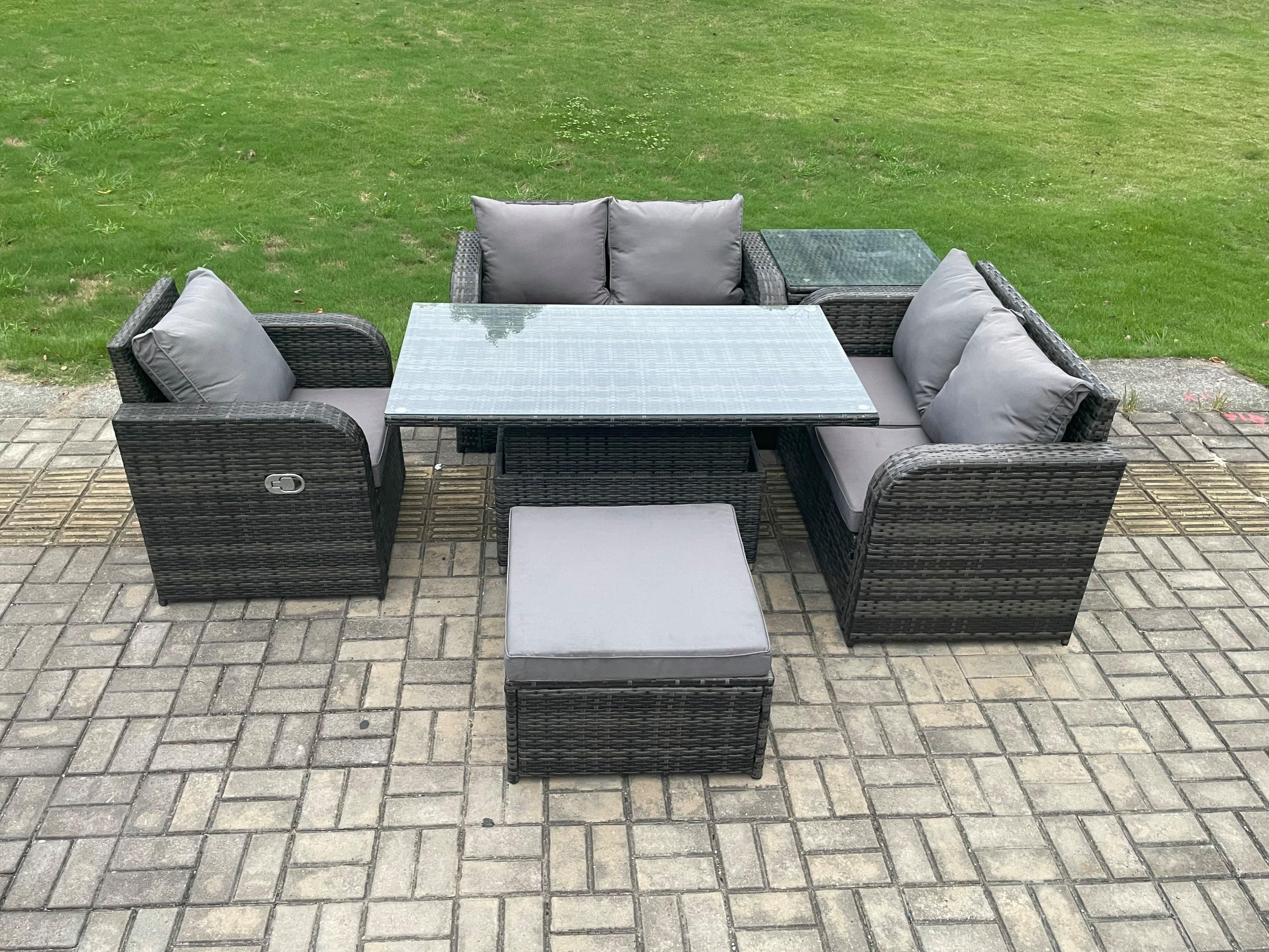 Wicker PE Rattan Furniture Garden Dining Set Reclining Chair Side Tables Big Footstool
