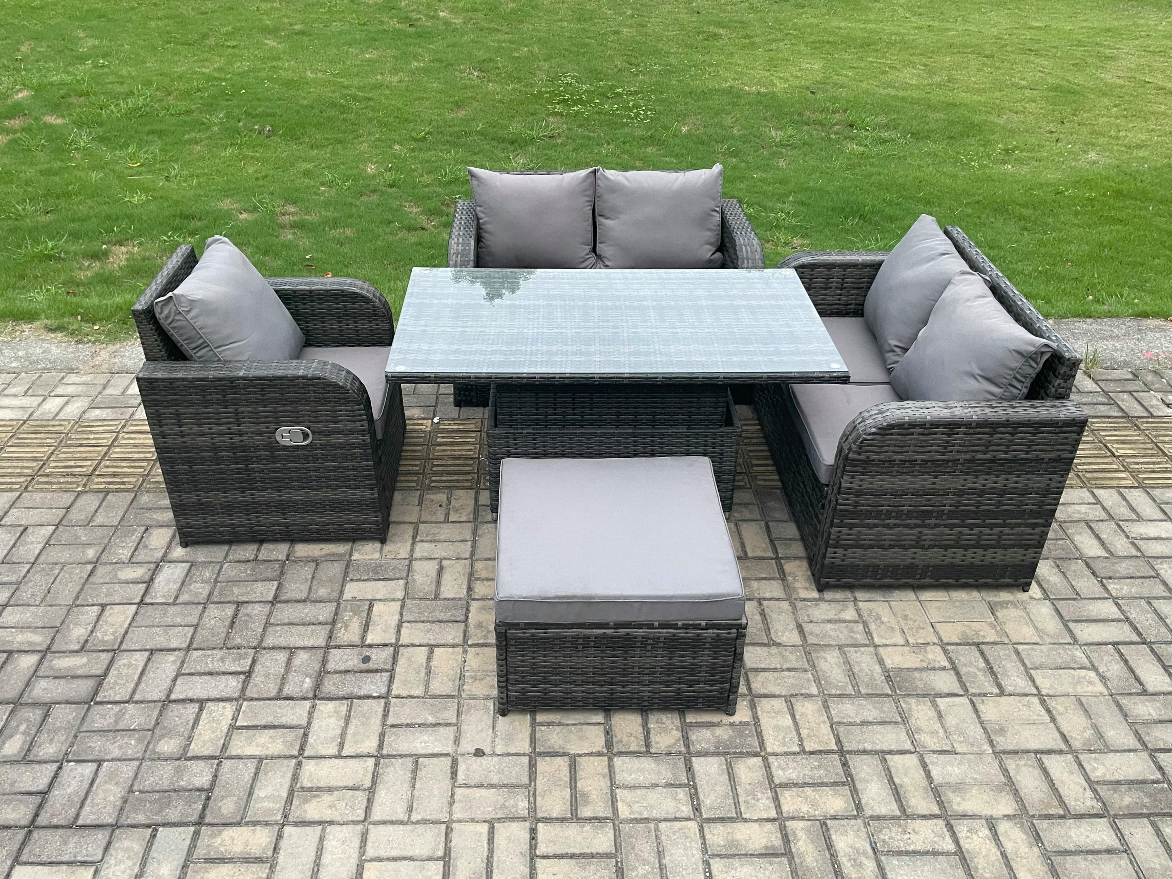 Wicker PE Rattan Furniture Garden Dining Set Outdoor Height Adjustable Rising lifting Table Love Sofa