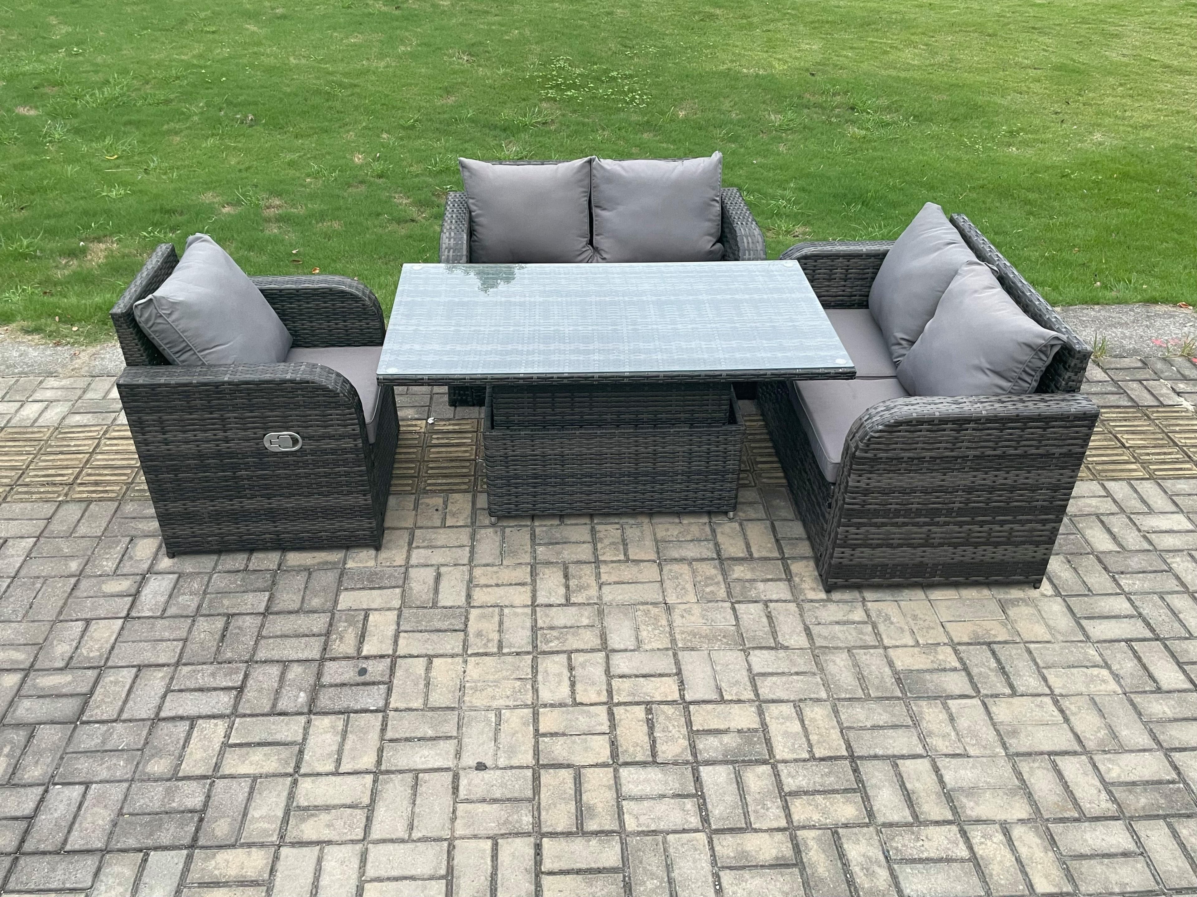 Wicker PE Rattan Furniture Garden Dining Set Outdoor Height Adjustable Rising lifting Table Reclining Chair