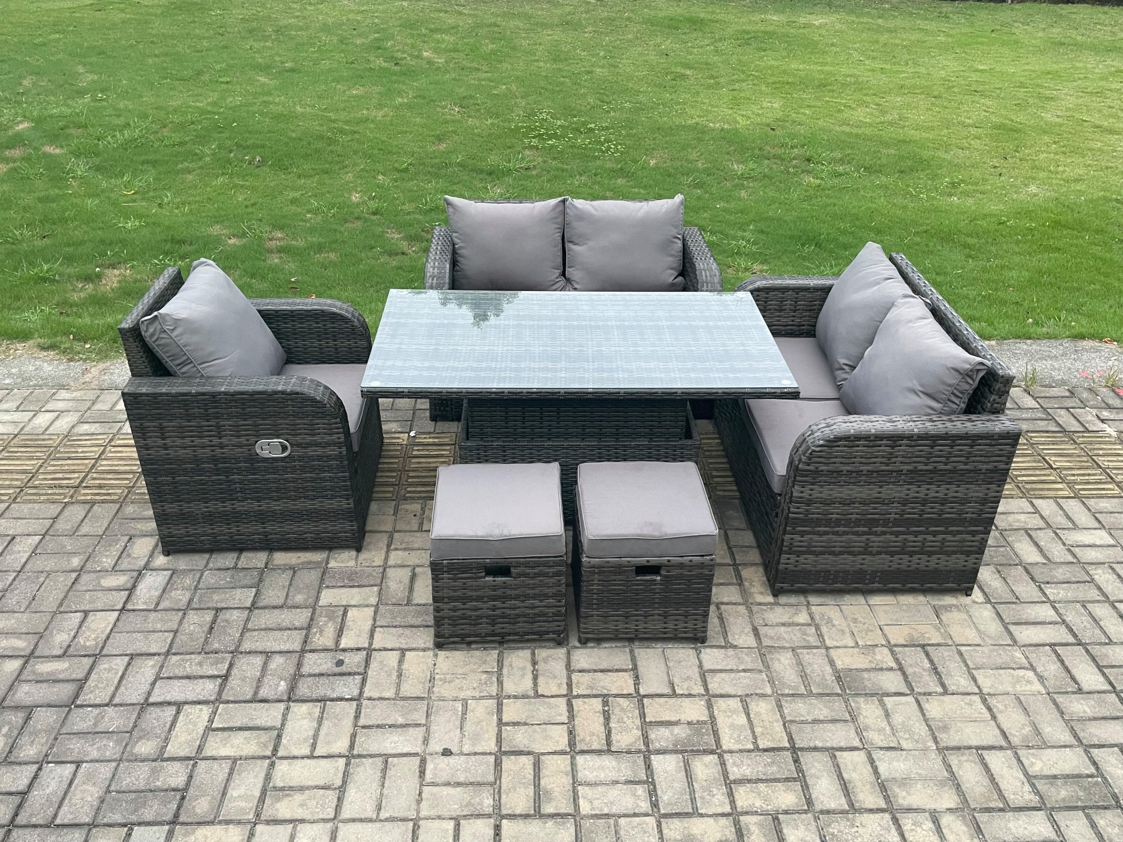 Wicker PE Rattan Furniture Garden Dining Set Outdoor Height Adjustable Rising lifting Table Love Sofa Reclining Chair