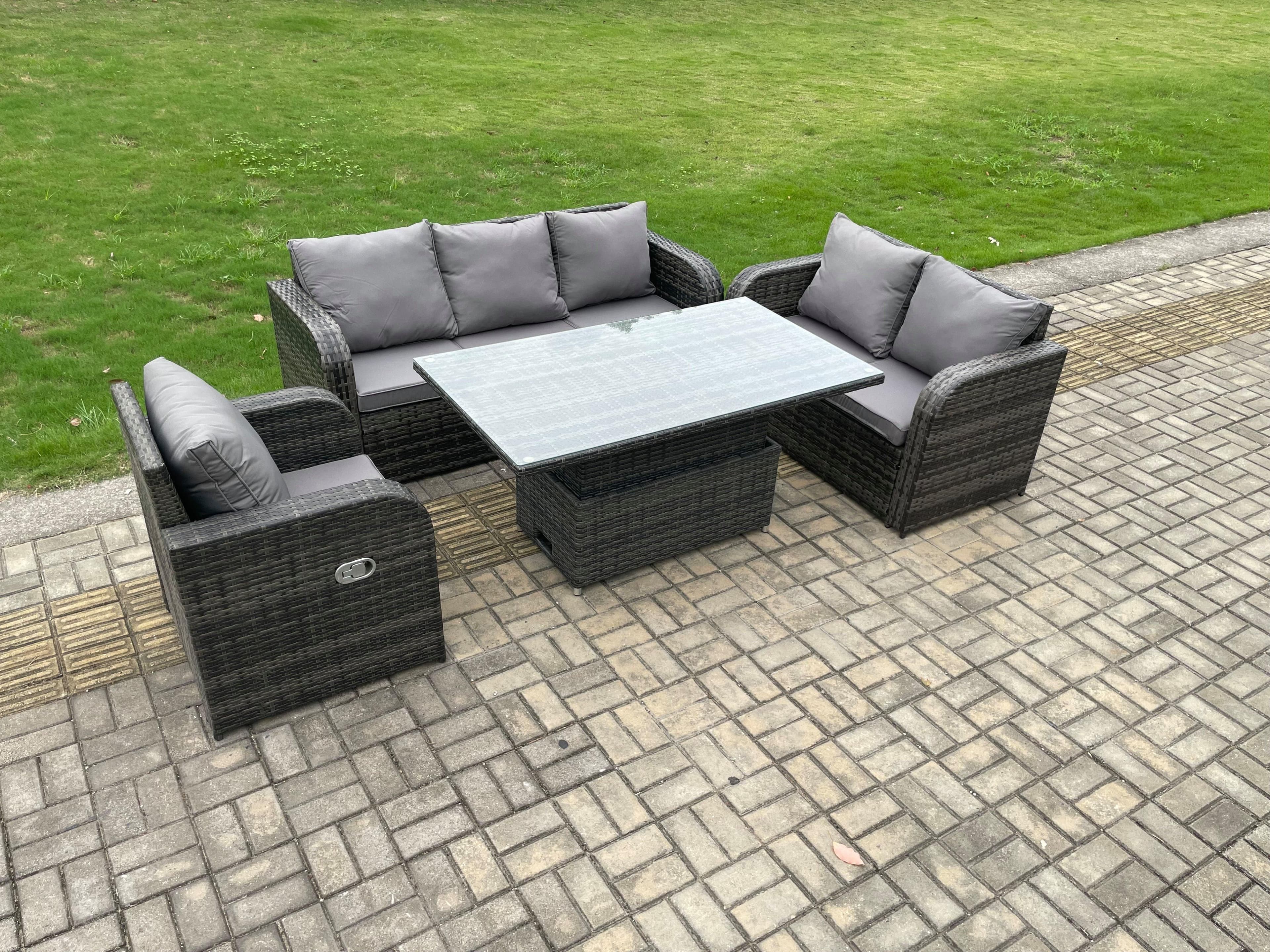 Outdoor Rattan Furniture Garden Dining Set Patio Height Adjustable Rising lifting Table 3 Seater Sofa Reclining Chair Love Sofa