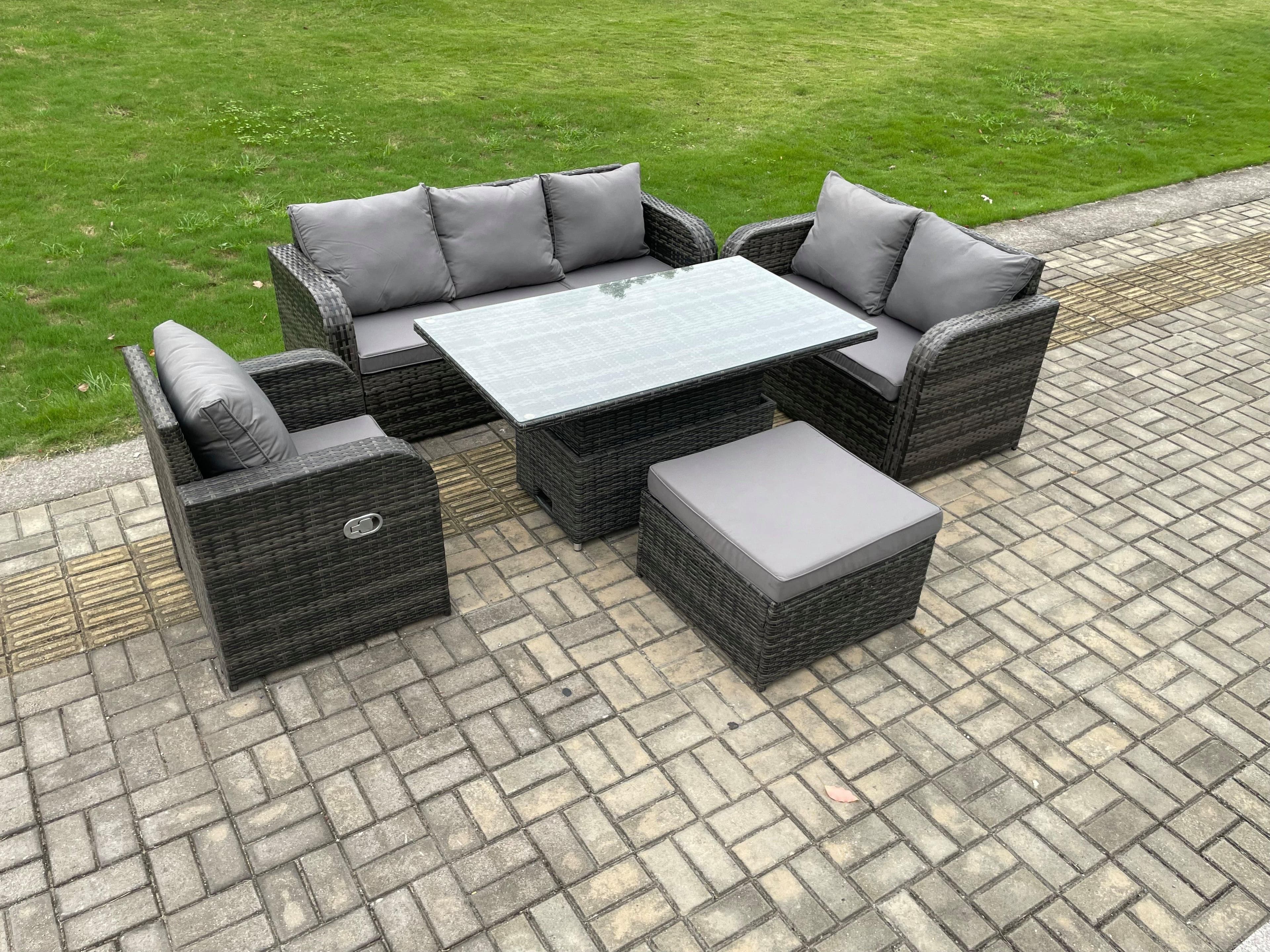 7 Seater Outdoor Rattan Furniture Garden Dining Set Patio Height Adjustable Rising lifting Table 3 Seater Sofa Reclining Chair