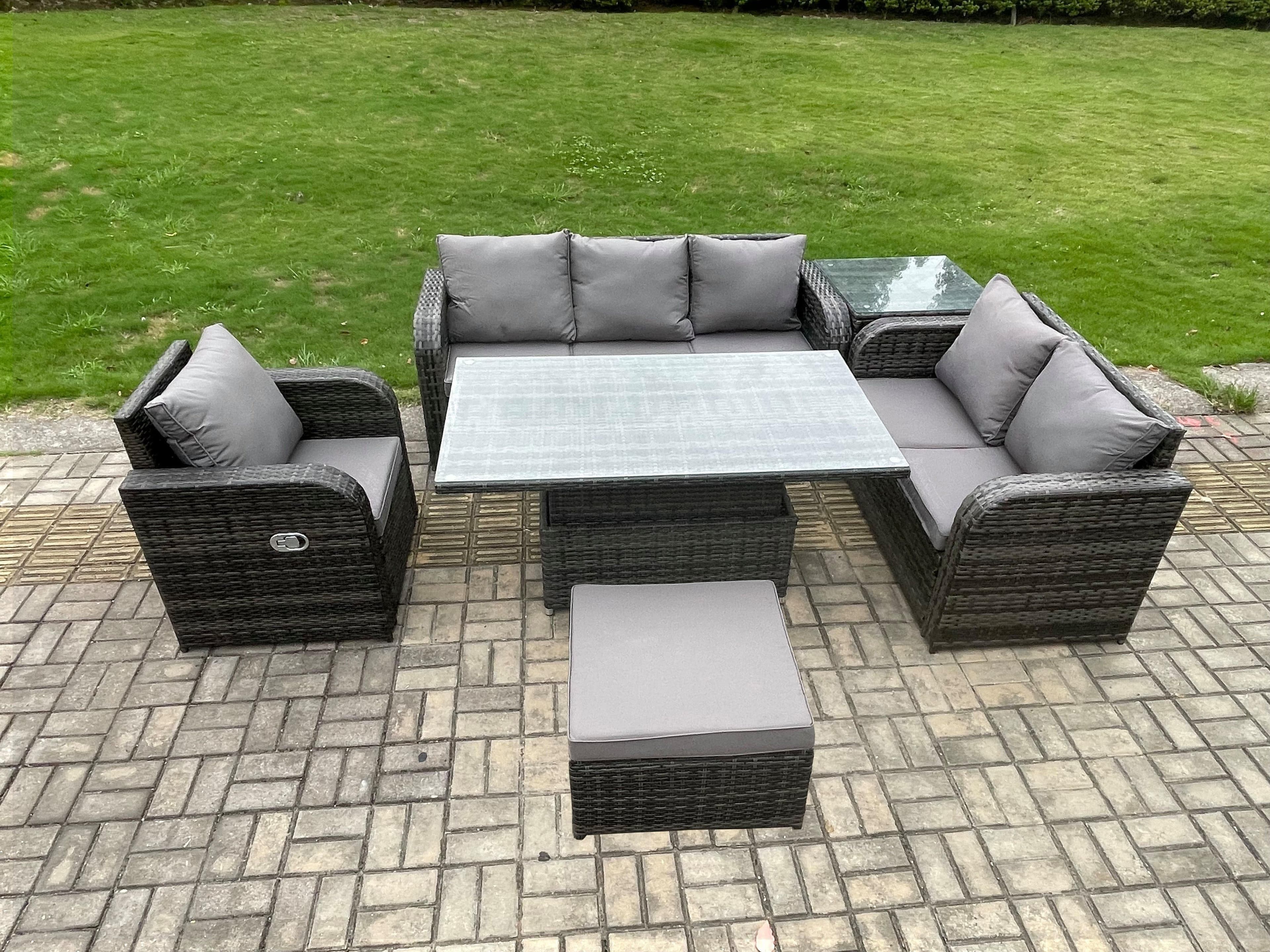 Outdoor Rattan Furniture Garden Dining Set Patio Height Adjustable Rising lifting Table Reclining Chair Sofa Side Table Big Footstool