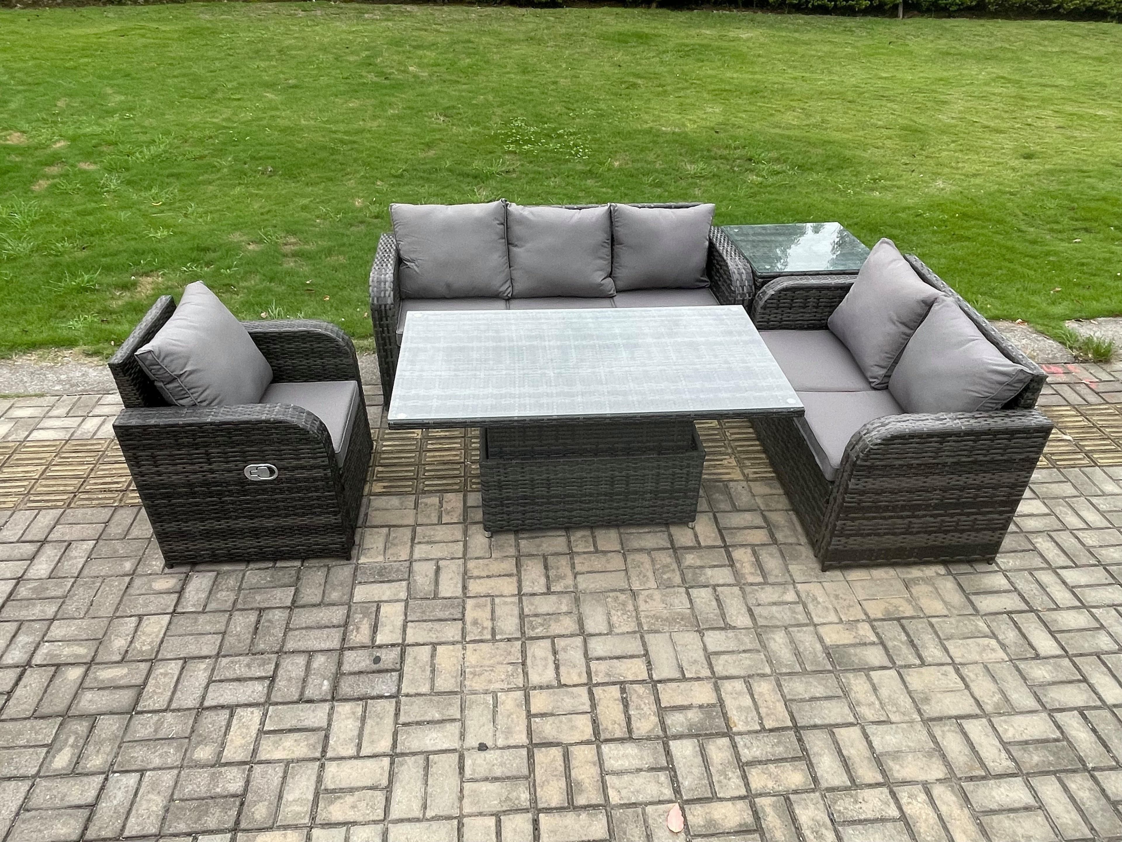 Outdoor Rattan Furniture Garden Dining Set Patio Height Adjustable Rising lifting Table Reclining Chair Sofa Side Table Dark Grey Mixed