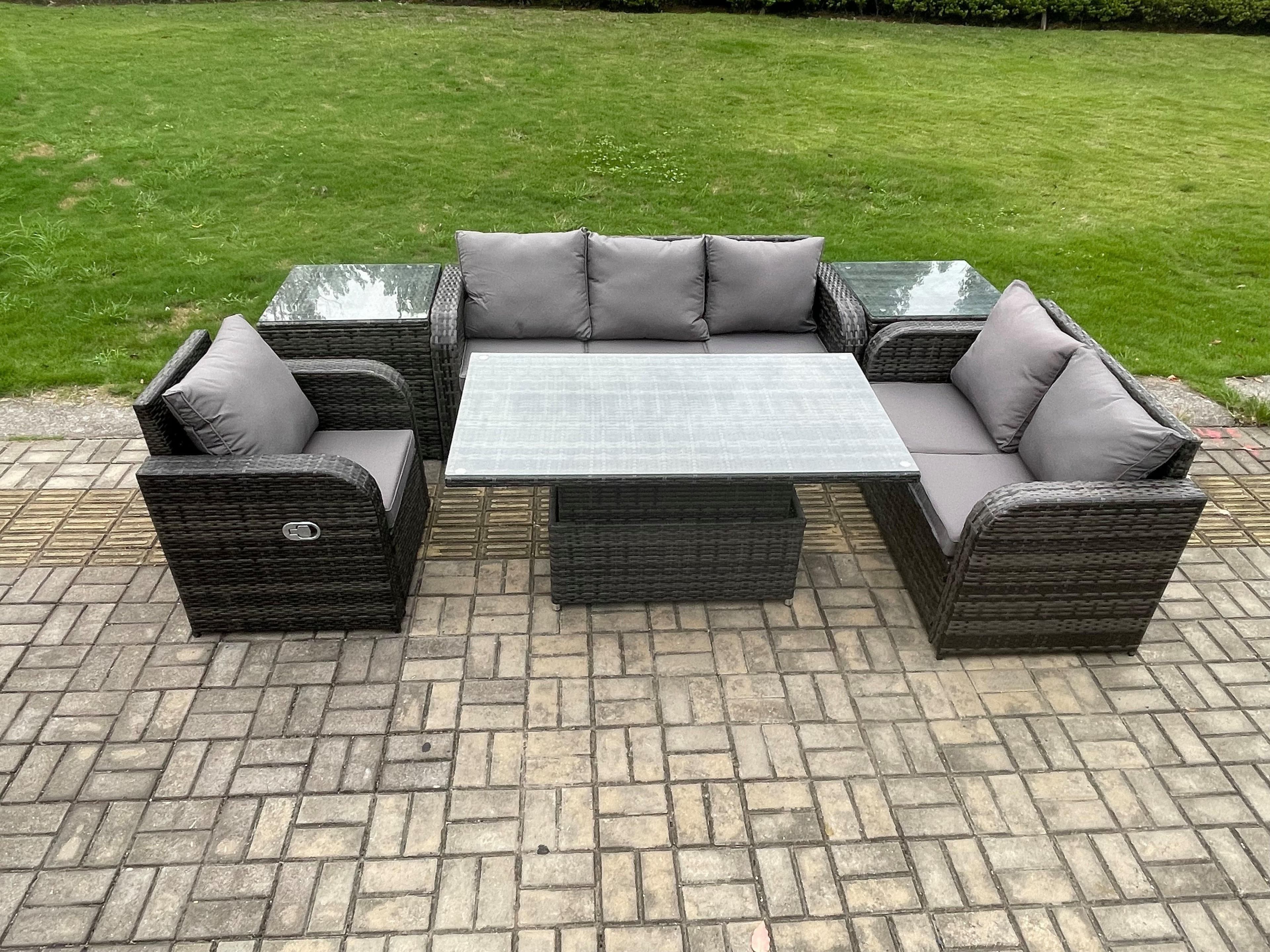 Outdoor Rattan Furniture Garden Dining Set Patio Height Adjustable Rising lifting Table Reclining Chair Sofa 2 Side Tables