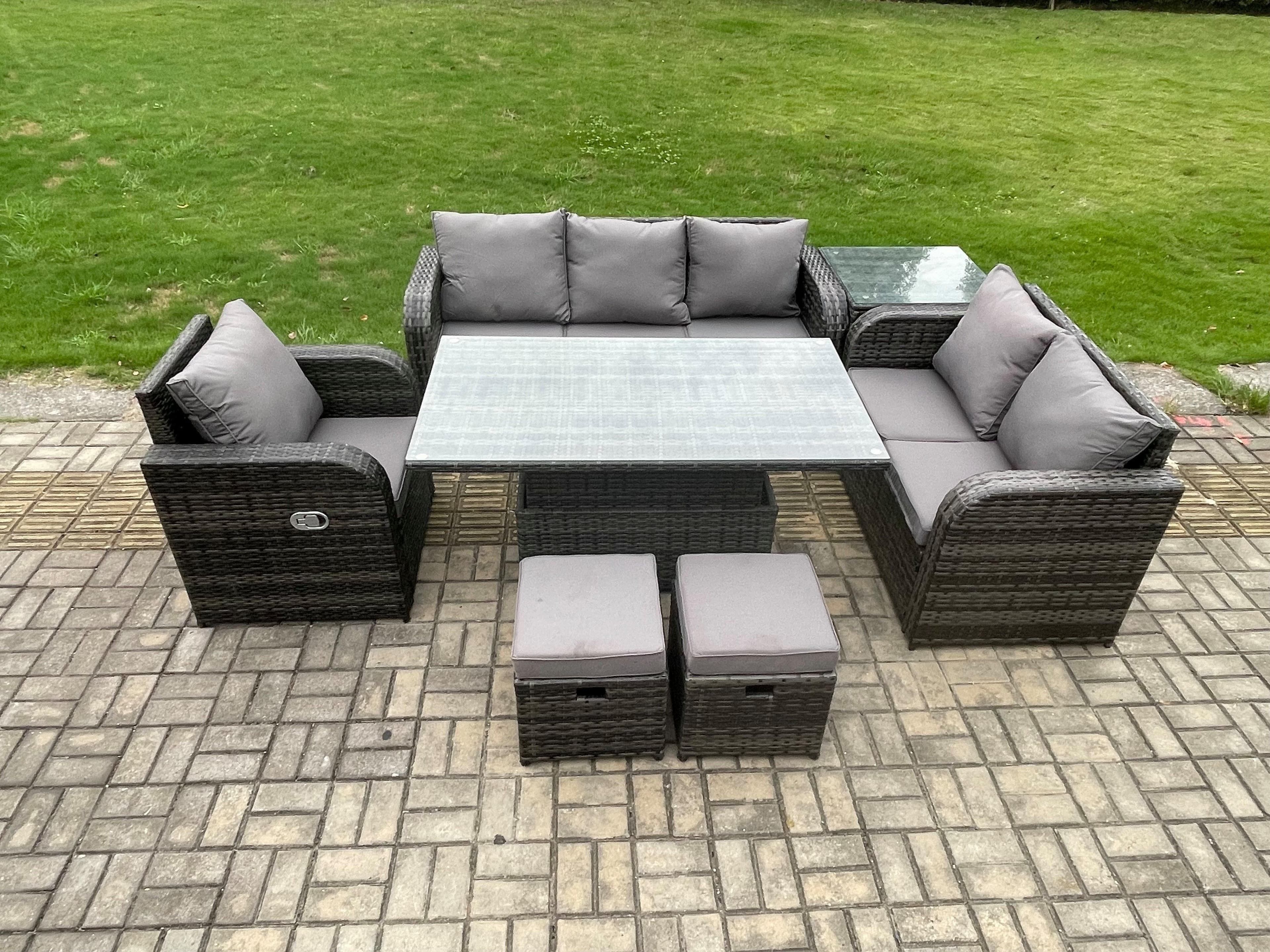 Outdoor Rattan Furniture Garden Dining Set Patio Table Reclining Chair Sofa Side Table 2 Small Footstools Dark Grey Mixed