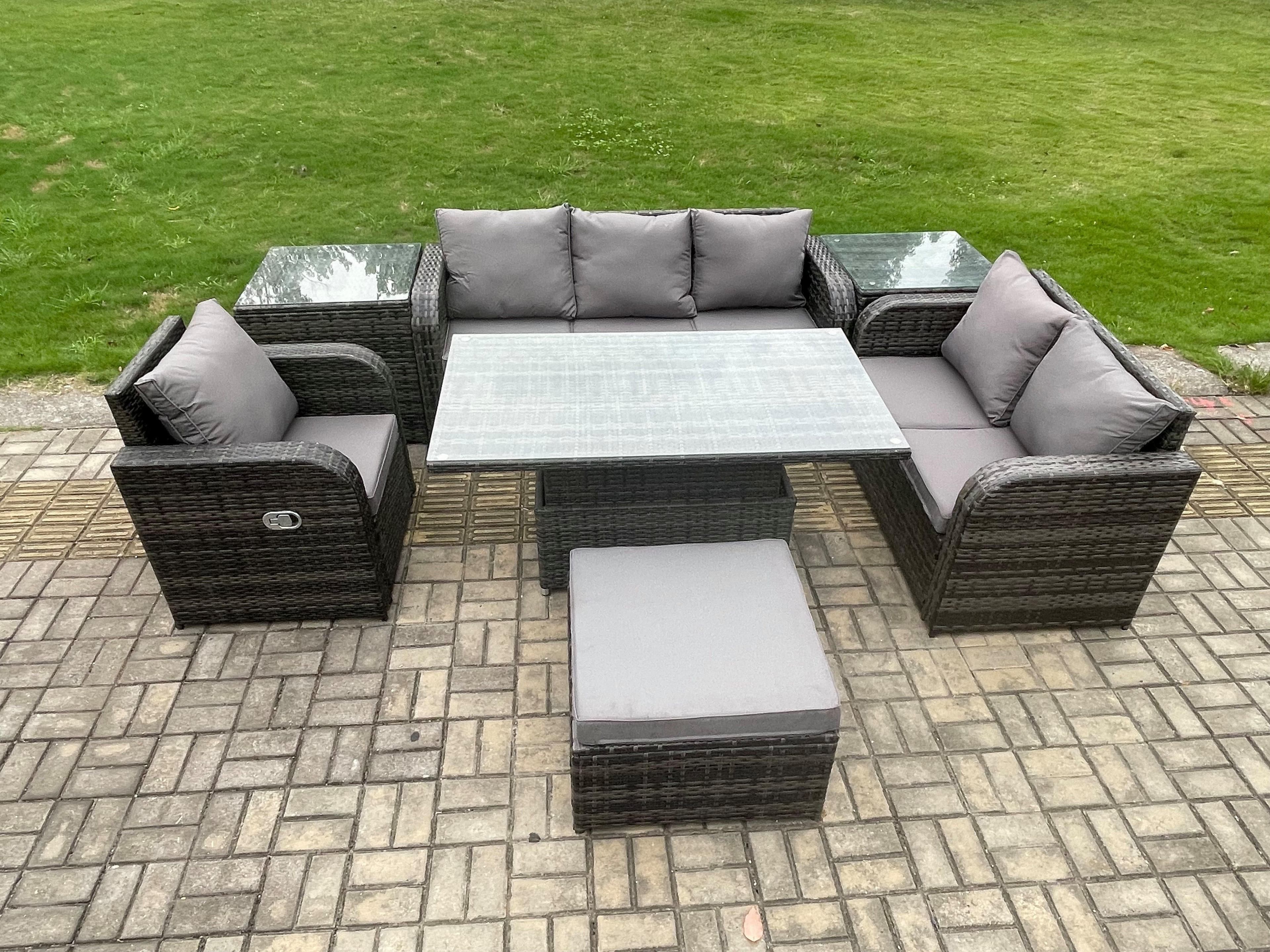 Outdoor Rattan Furniture Garden Dining Set Patio Height Adjustable Rising lifting Table Reclining Chair Sofa 2 Side Tables