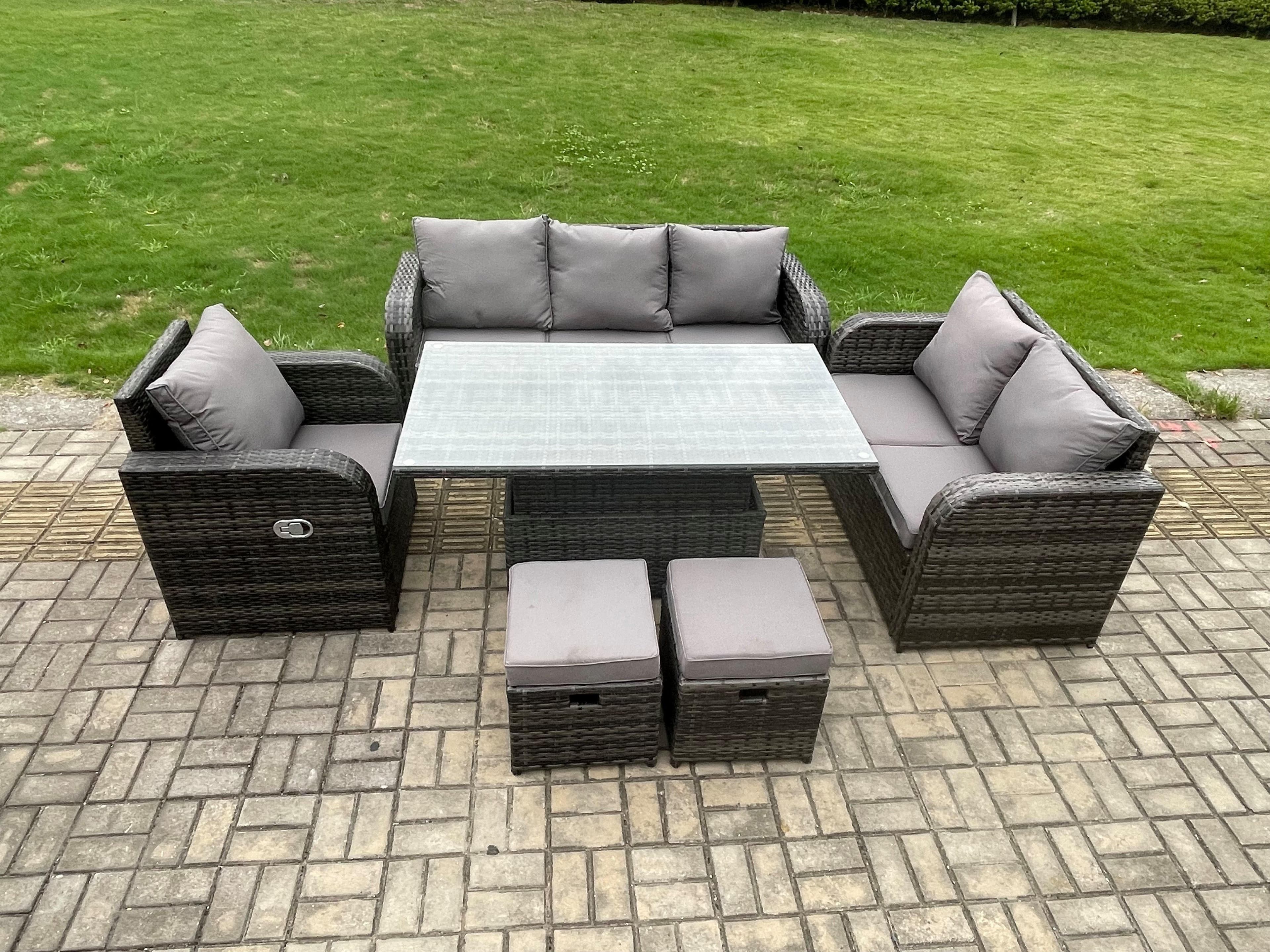 Outdoor Rattan Furniture Garden Dining Set Patio Height Adjustable Rising lifting Table Reclining Chair Sofa 2 Small Footstools