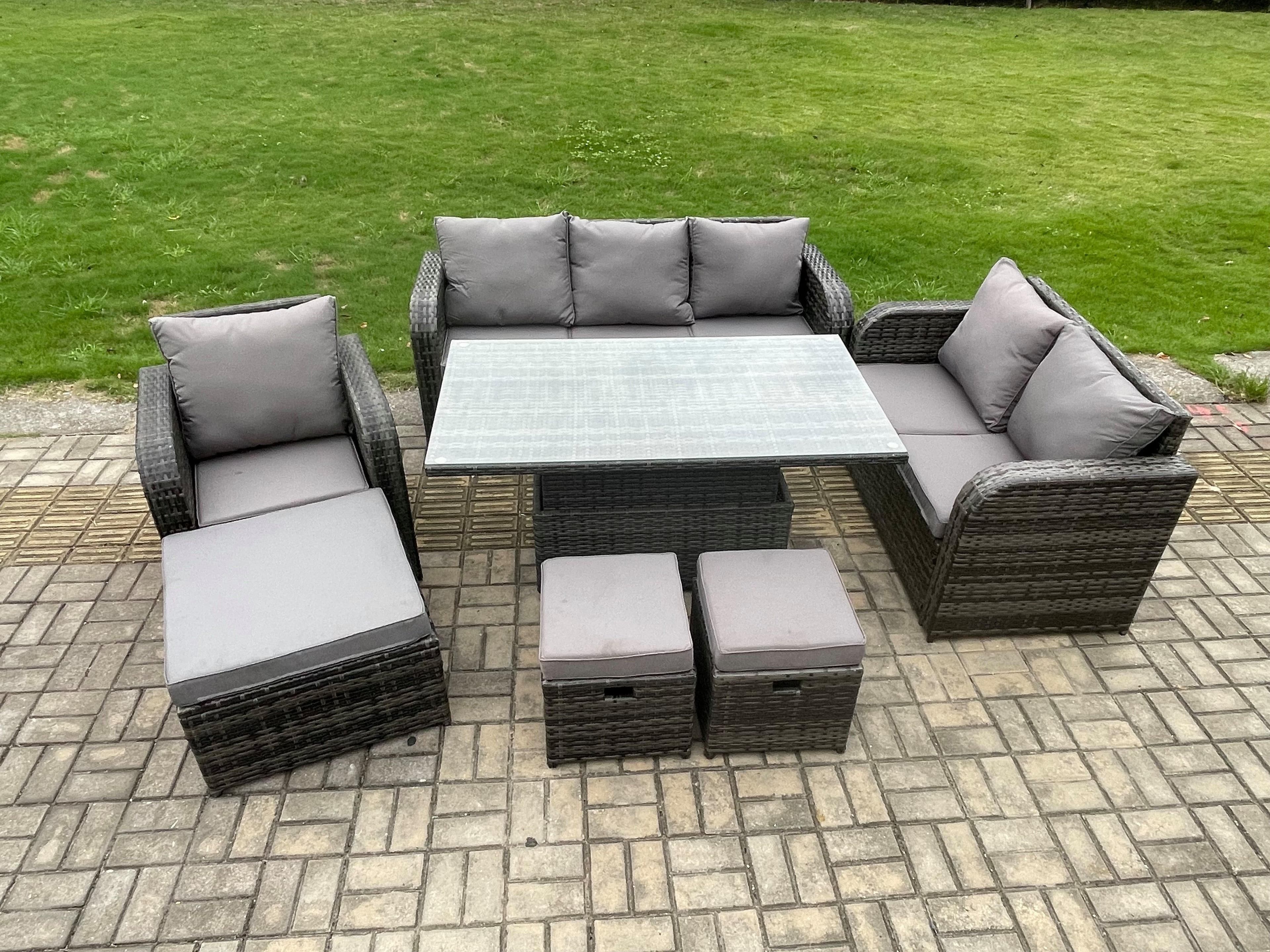 Rattan Outdoor Furniture Garden Dining Set Patio Height Adjustable Rising lifting Table Reclining Chair Sofa Dark Grey Mixed
