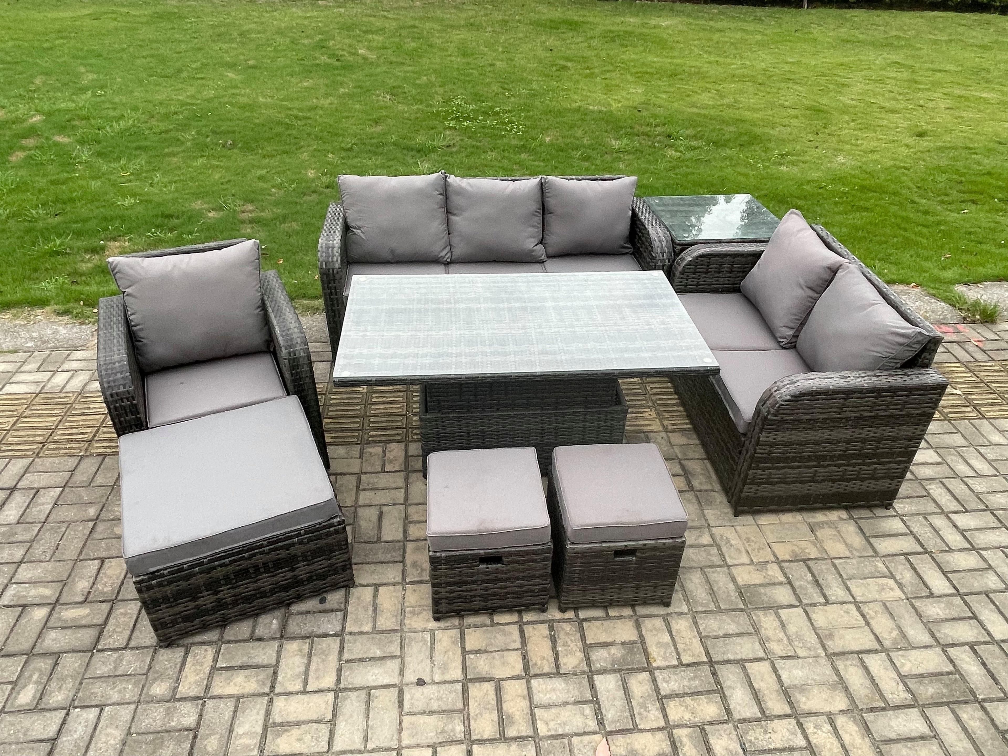 Rattan Outdoor Furniture Garden Dining Set Patio Height Adjustable Rising lifting Table Reclining Chair Sofa Side Table 3 Footstools