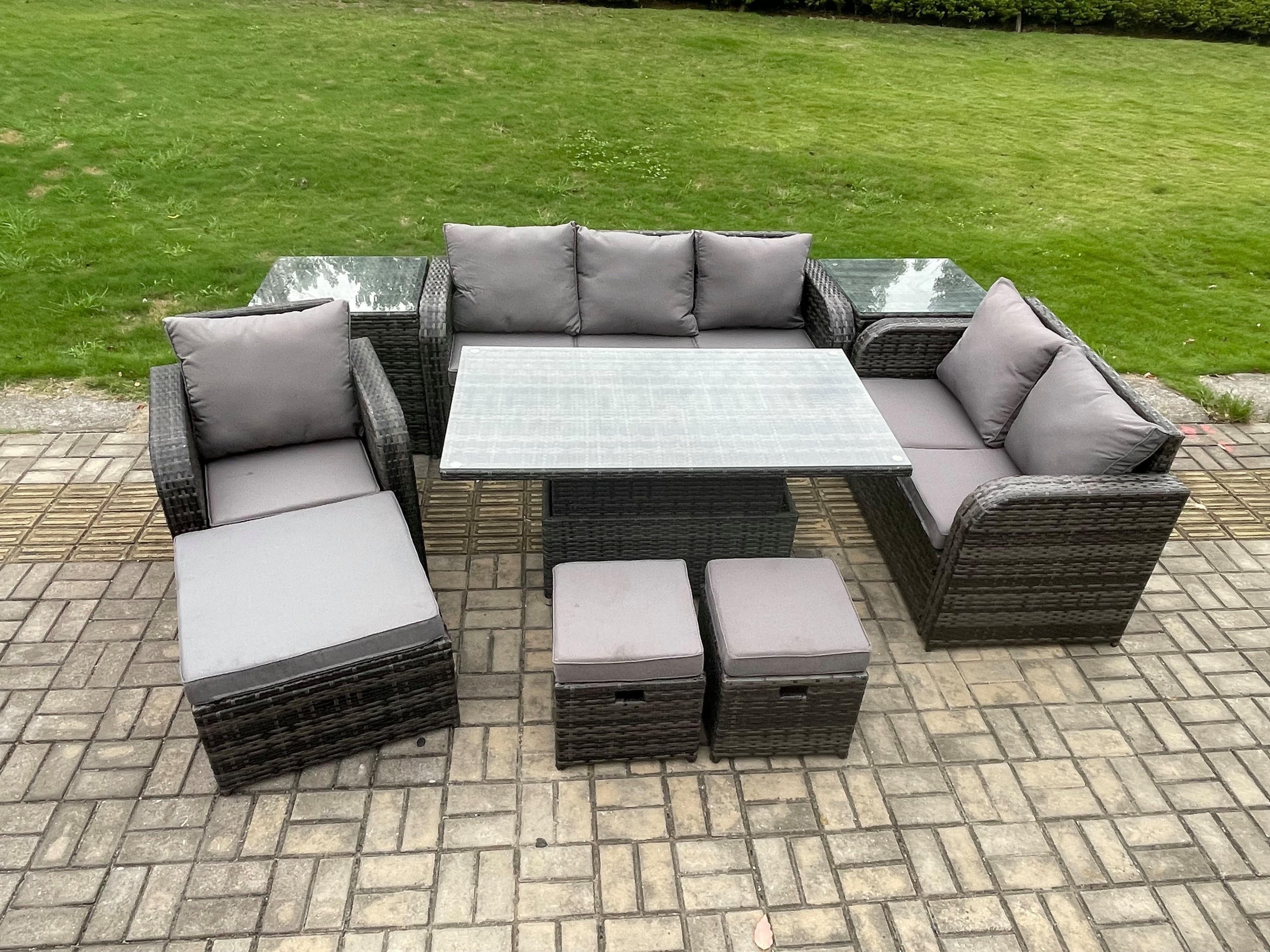Rattan Outdoor Furniture Garden Dining Set Patio Height Adjustable Rising lifting Table Reclining Chair Sofa 2 Side Tables Footstools